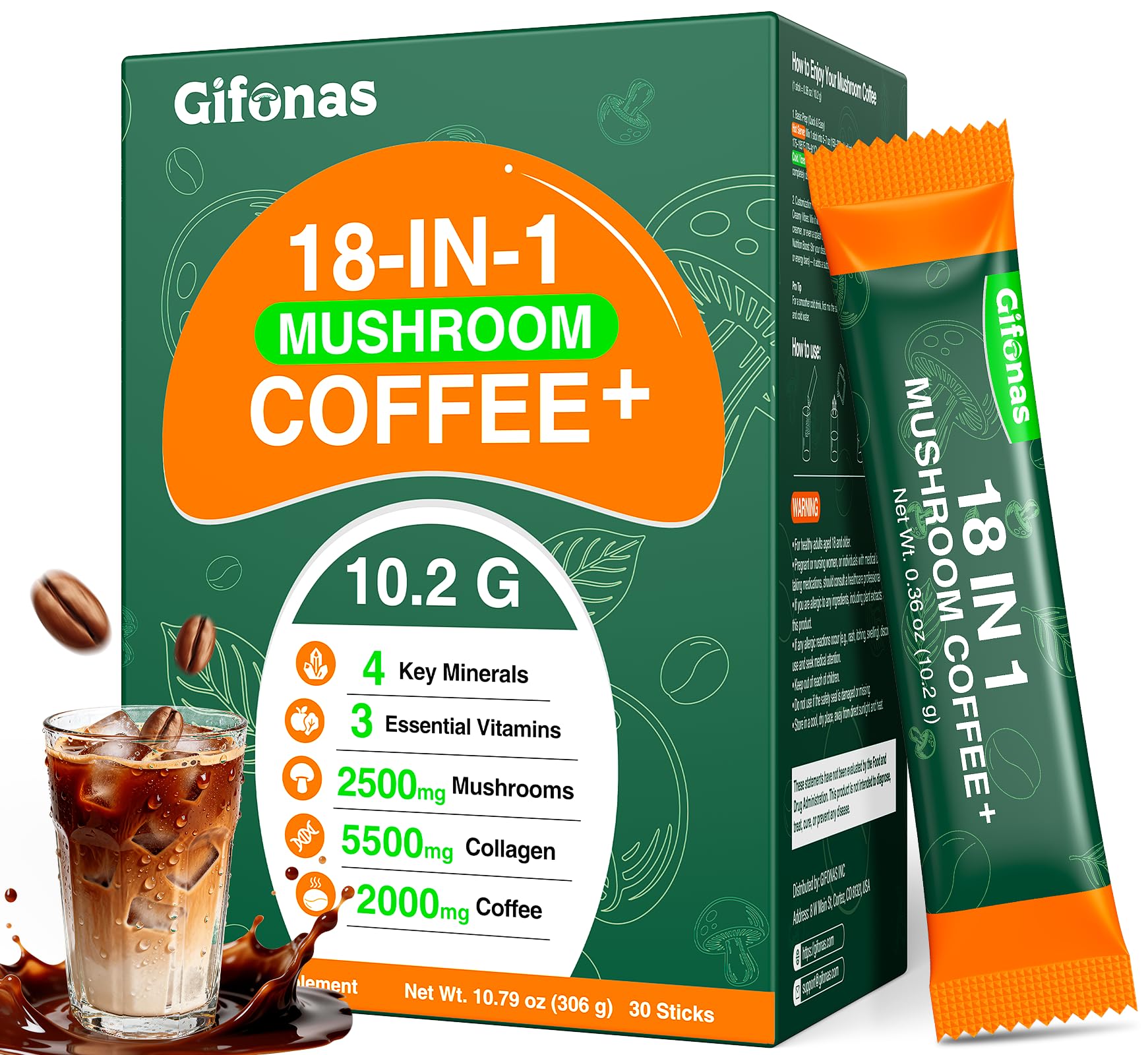 gifonas Mushroom Coffee with Collagen, Vitamins & Minerals, 6 Adaptogenic Mushrooms - Lion’s Mane, Reishi, Chaga & More Powder, 10.79 oz