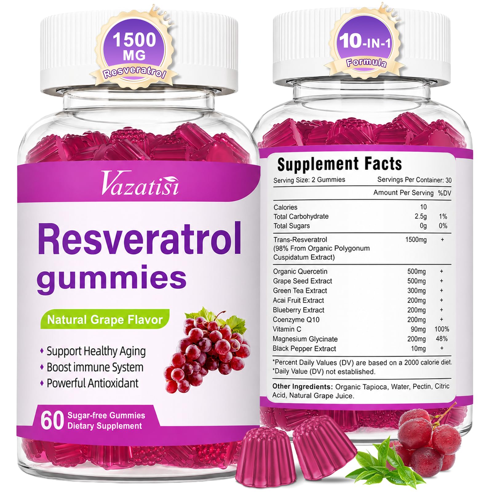 Vazatisi High Purity Resveratrol Gummies, 98% Trans-Resveratrol with Quercetin, CoQ10, Vitamin C, Antioxidant and Anti-Aging Support, 120 Gummies