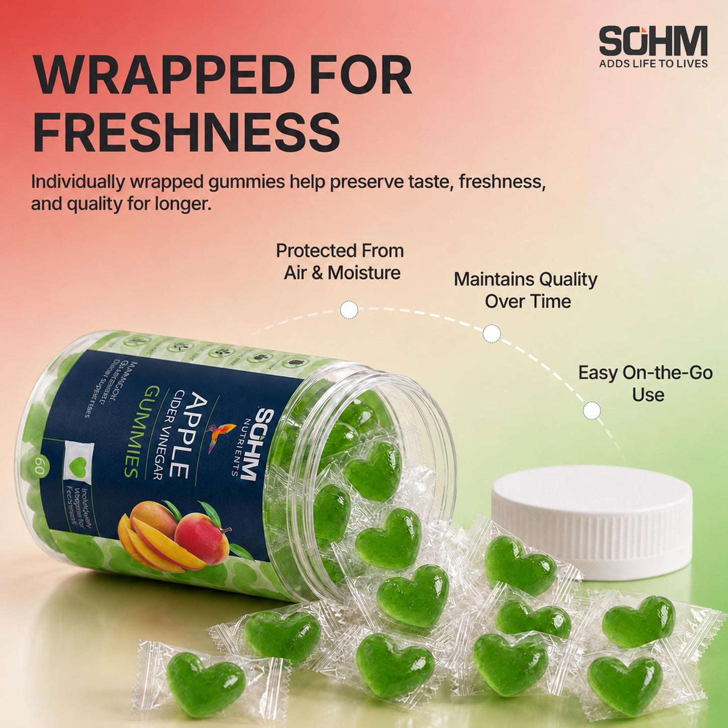 SOHM ADDS LIFE TO LIVES Apple Cider Vinegar Gummies 500 mg, 60 Gummies