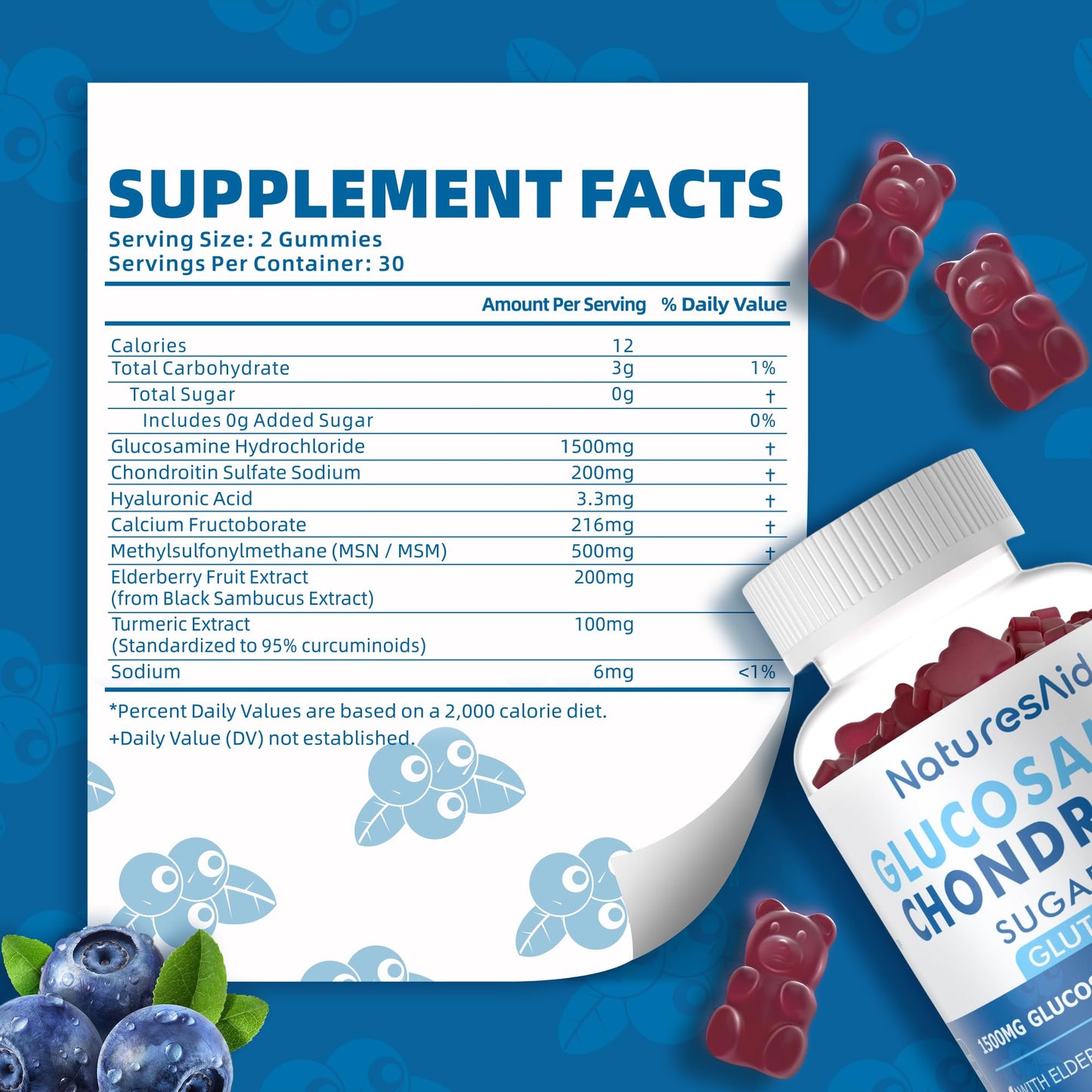 Natures Aid Glucosamine Chondroitin Gummies with MSM & Elderberry Extra Strength - Joint Support, Antioxidant Immune Support, 120 Count