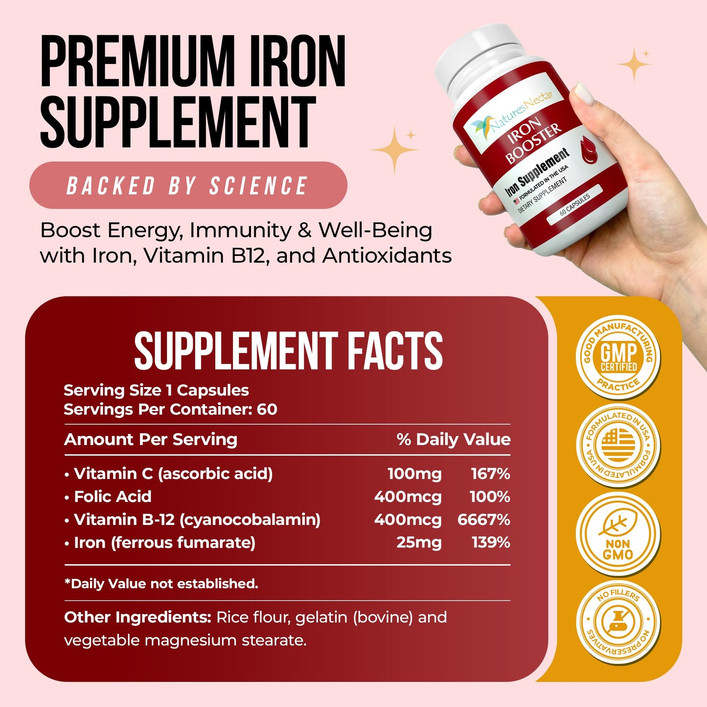 Nature's Nectar Blood Builder Iron Supplement – Slow Release Iron Capsules with Vitamin B-12, Folic Acid & Vitamin C, Supports Red Blood Cell Production, 60 Capsules