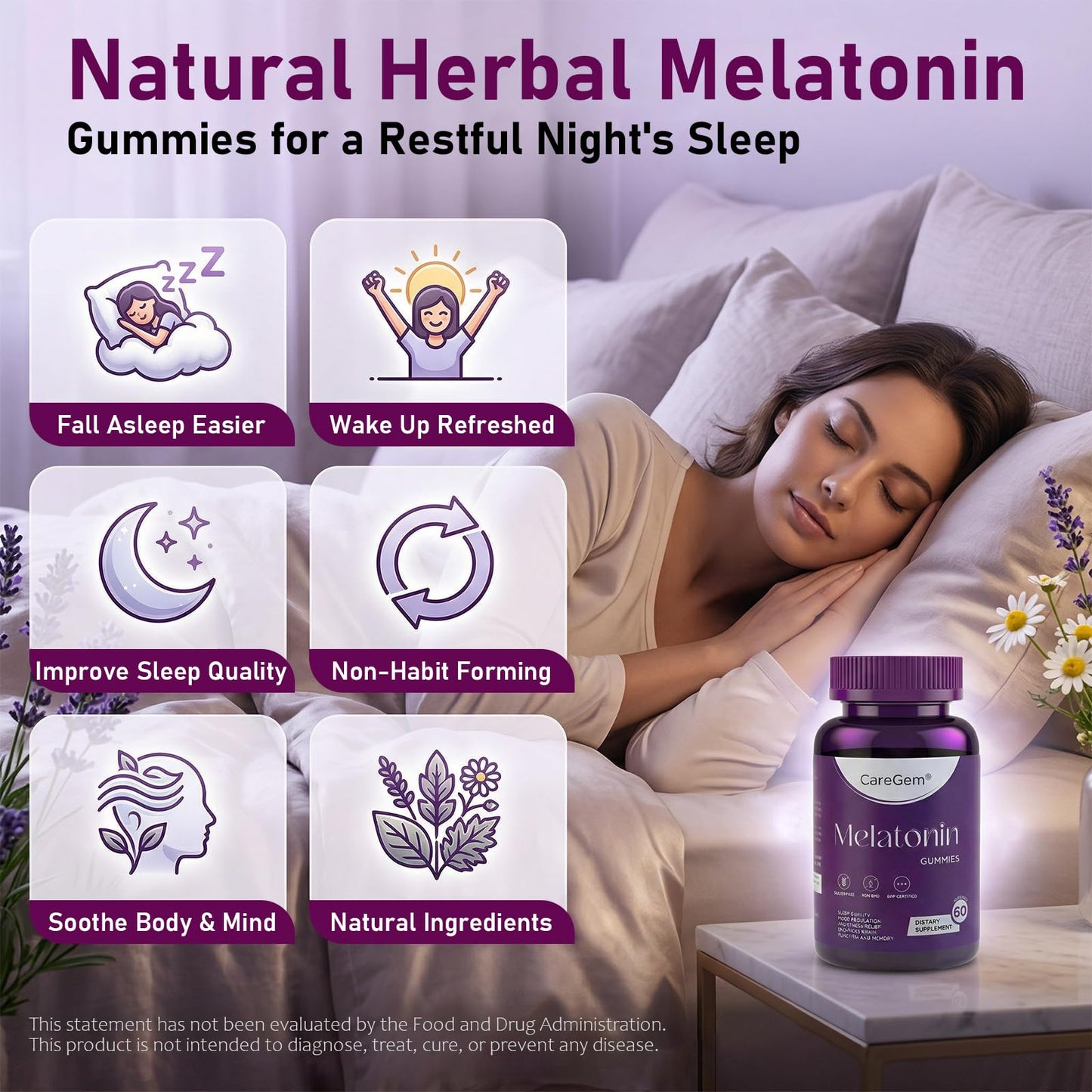 CareGem Sleep Aid 5mg Melatonin Gummies with Ashwagandha, Valerian Root & L-Theanine, Natural Sleep Support, 60 Gummies