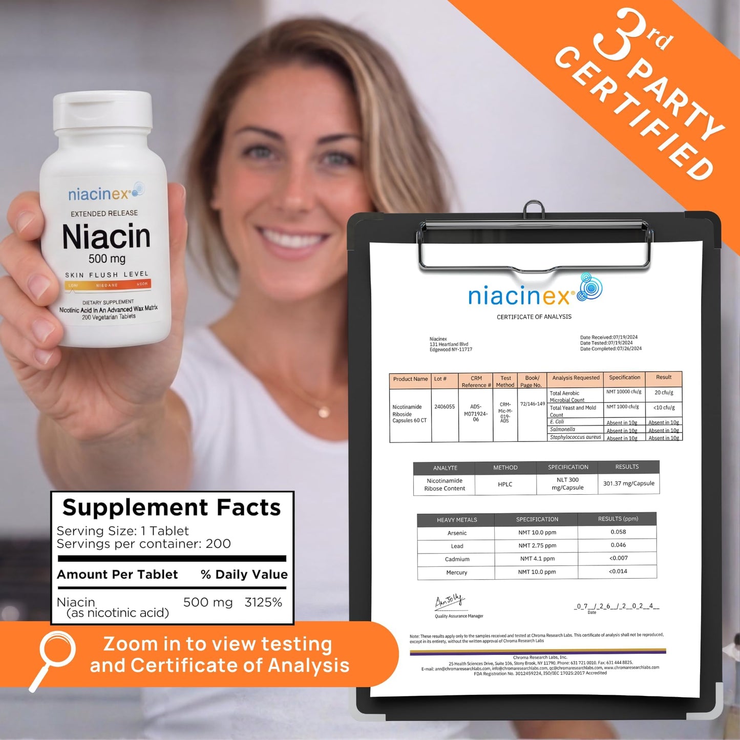 Niacinex Niacin 500mg Extended Time Release Tablet, 200 Tablets