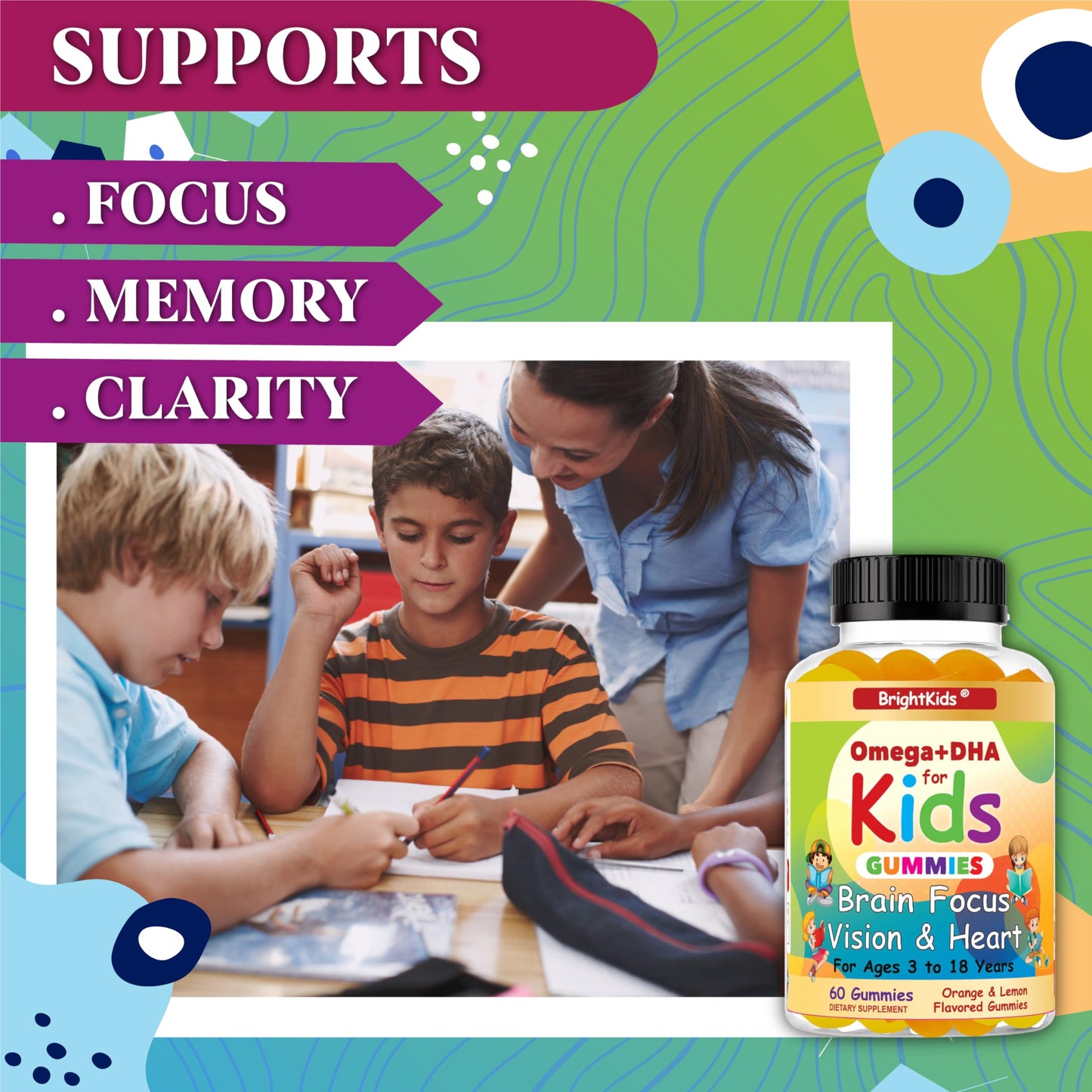 BrightKids Omega DHA Gummies for Kids & Teens, 60 Gummies