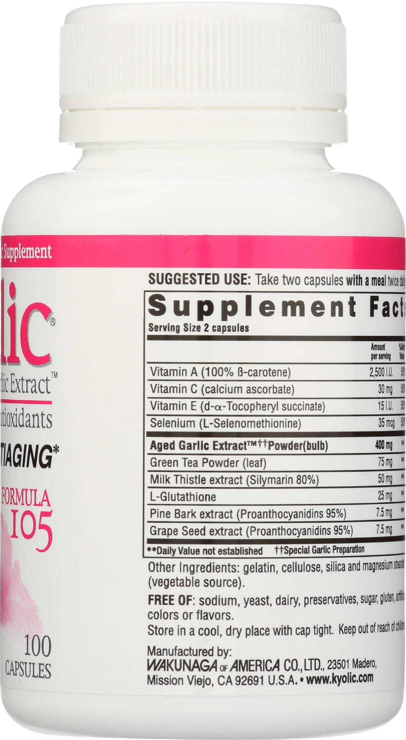 Kyolic Formula 105 Garlic Extract with Vitamin A, Vitamin E, and Selenium, 100 Capsules
