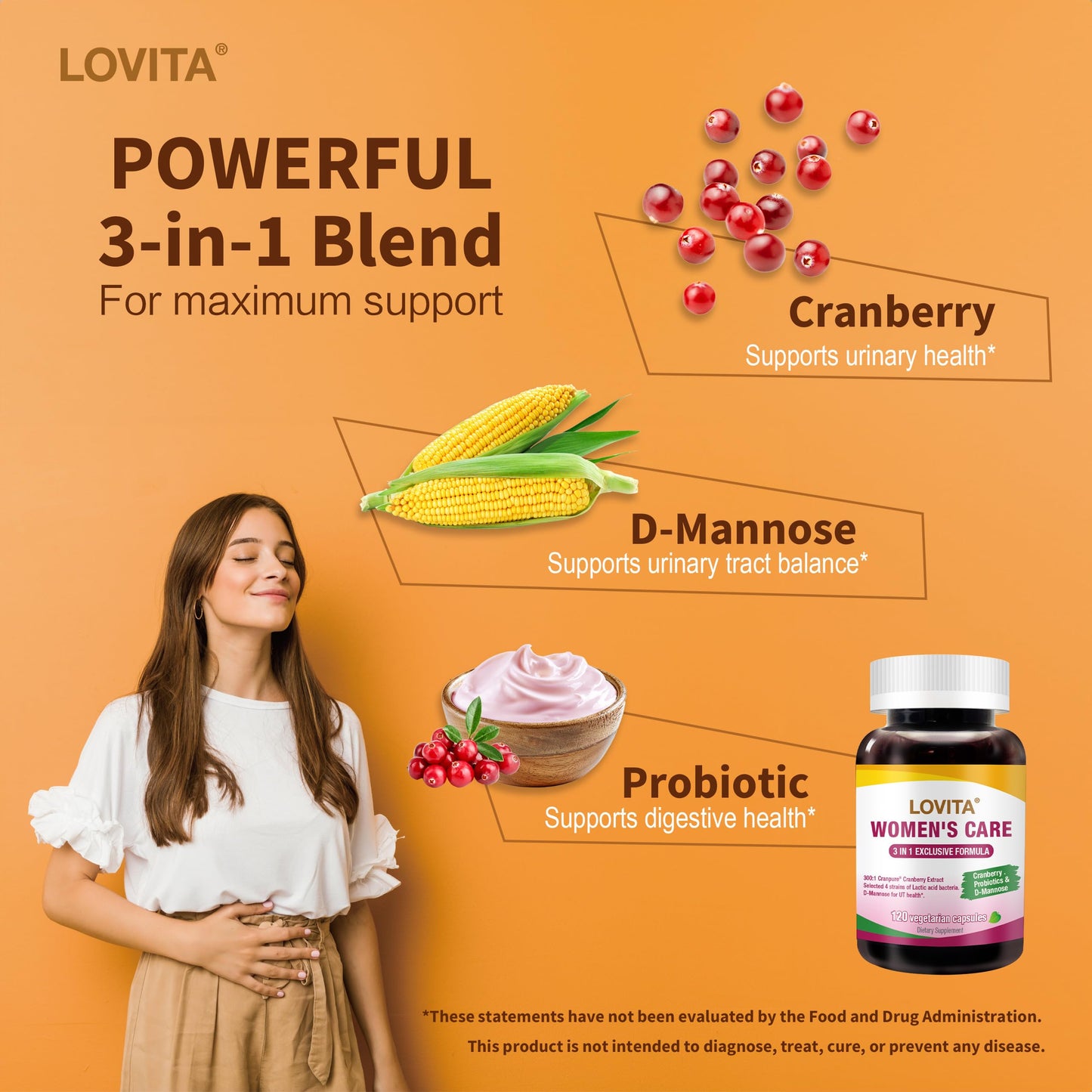 LOVITA Women's Care Supplement with D-Mannose, Cranberry & Probiotics, 120 Capsules