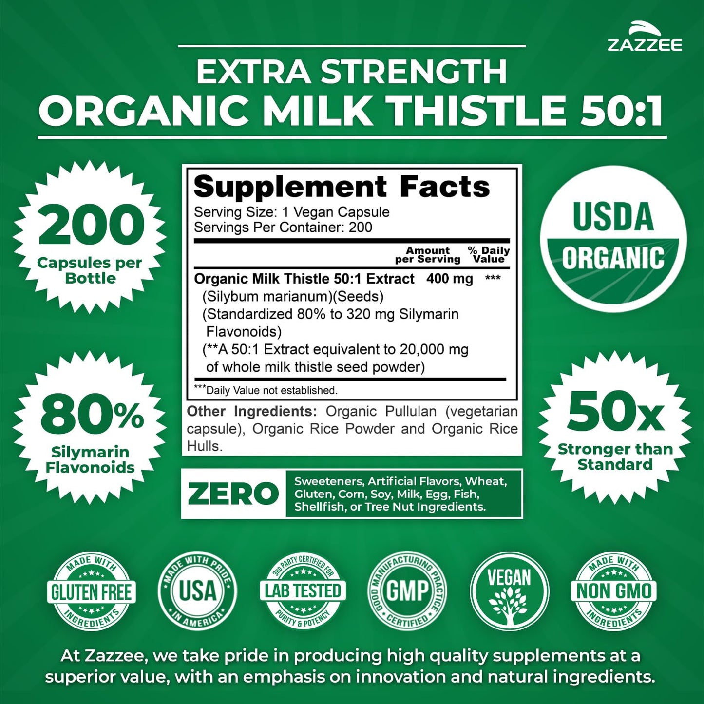 Zazzee Milk Thistle 50:1 Extract, Capsule, 200 Count