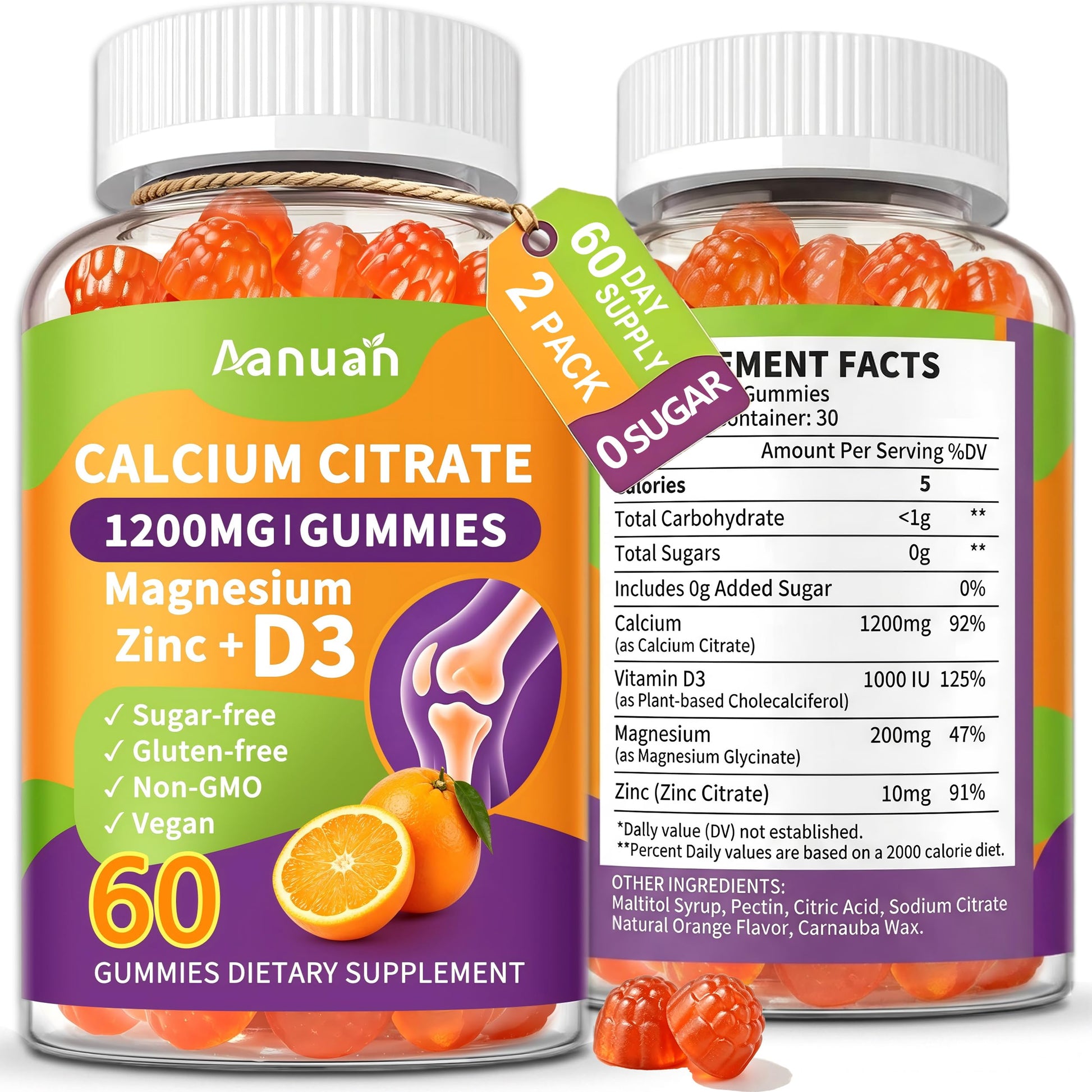Aanuan Calcium Citrate 600-1200mg Magnesium Zinc D3 Gummies, 120 Gummies