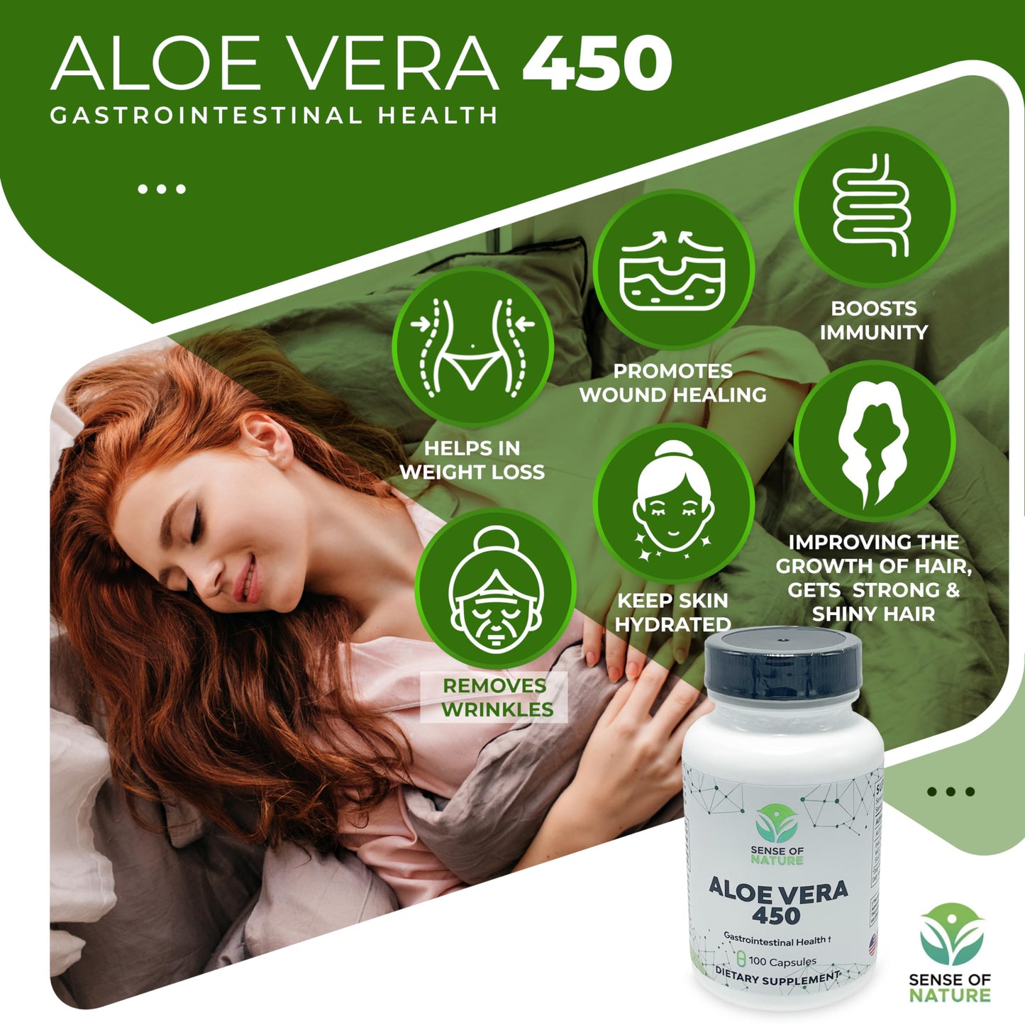 Sense of Nature Aloe Vera 450 Capsules Organic Non-GMO Digestive & Joint Support 1 Count