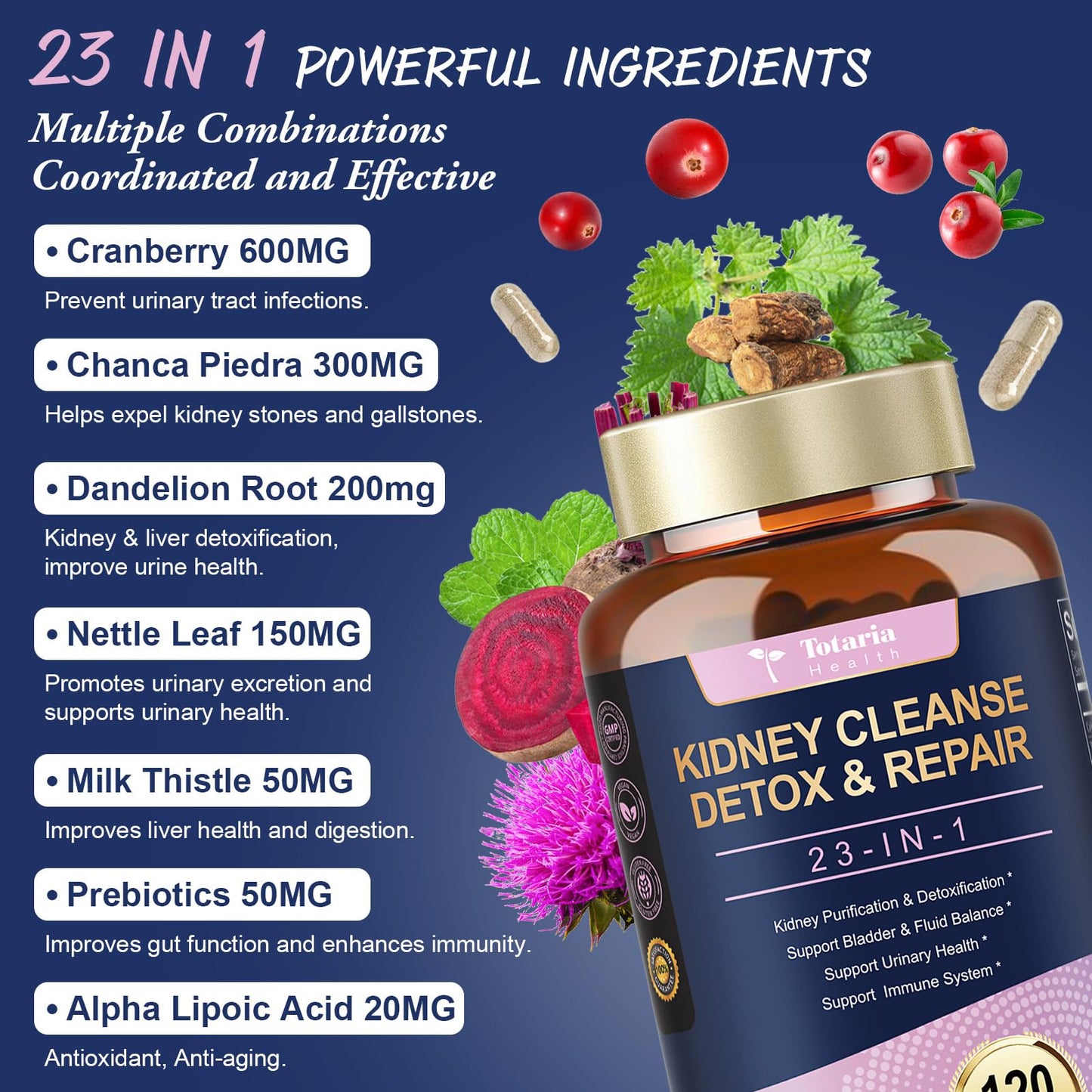 Totaria Kidney Cleanse Detox & Repair, Advanced Kidney Support Supplement - Cranberry & Chanca Piedra Capsules, 120 Count