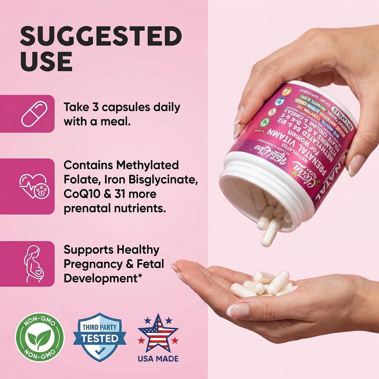 Clean Nutraceuticals Natal Glow Methylated Prenatal Vitamins for Women Capsules 90 Count