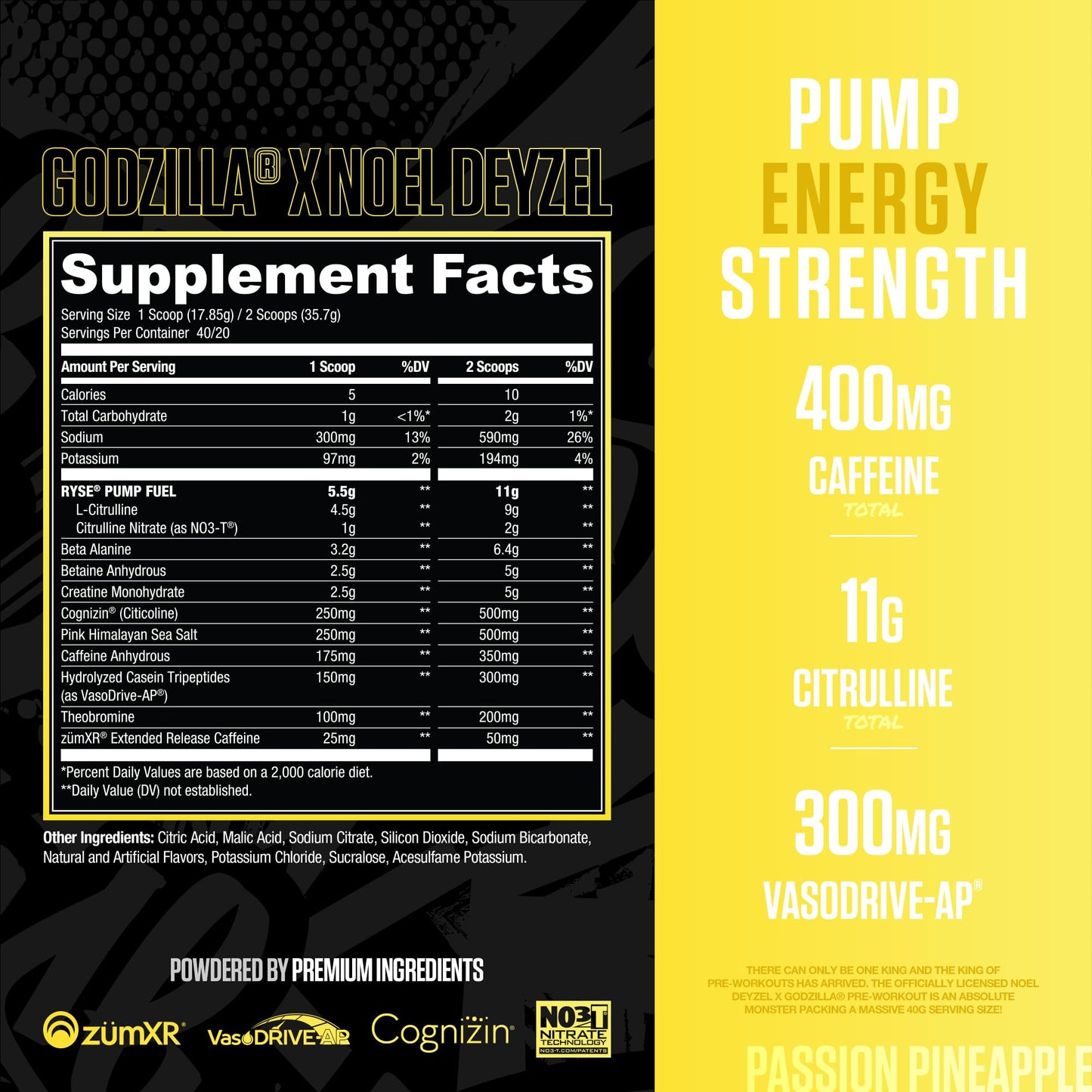 RYSE Up Supplements Godzilla X Noel Deyzel Pre Workout Powder Passion Pineapple 25.2 oz