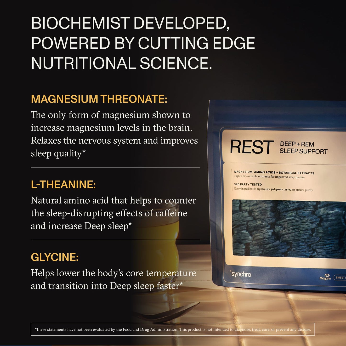 Synchro Rest Sleep Supplement Magnesium L-Threonate Powder with L-Theanine, Glycine, Lemon Balm Extract & Apigenin, 7.41 Ounce