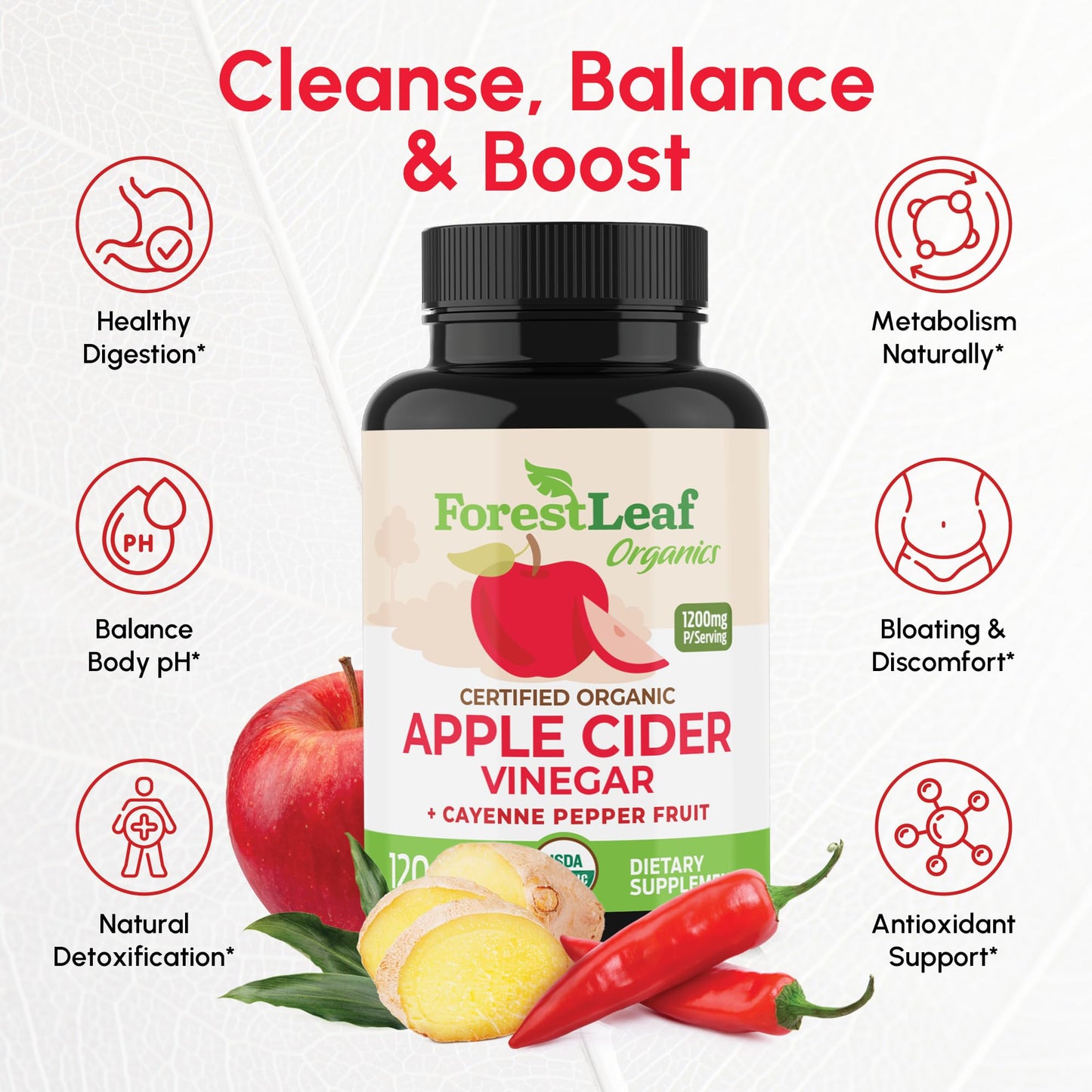 ForestLeaf USDA Organic Apple Cider Vinegar Capsules with Mother, 1200 mg, 120 Capsules