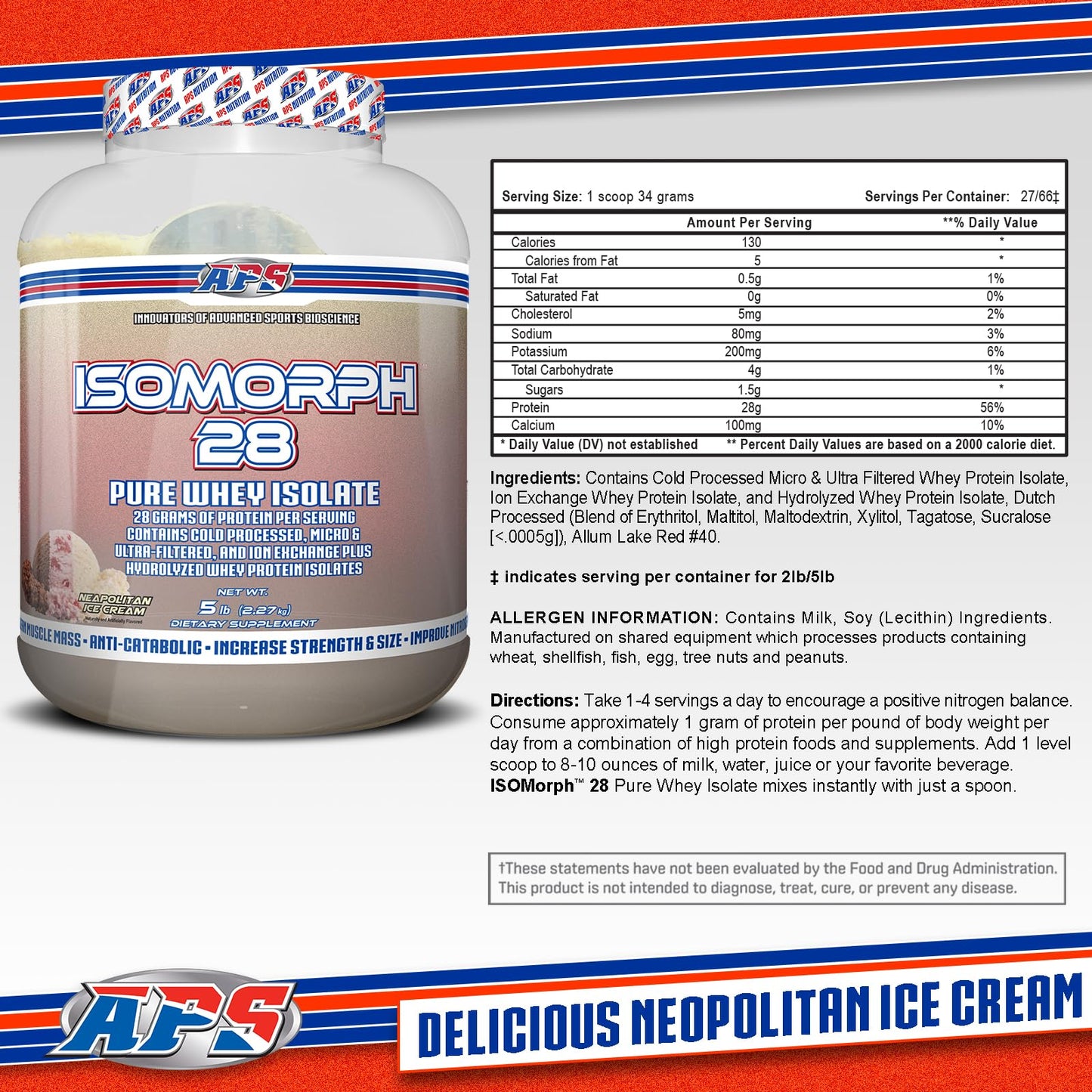APS Nutrition Isomorph 28 Protein Powder, Neapolitan Ice Cream, 5 lb (80)