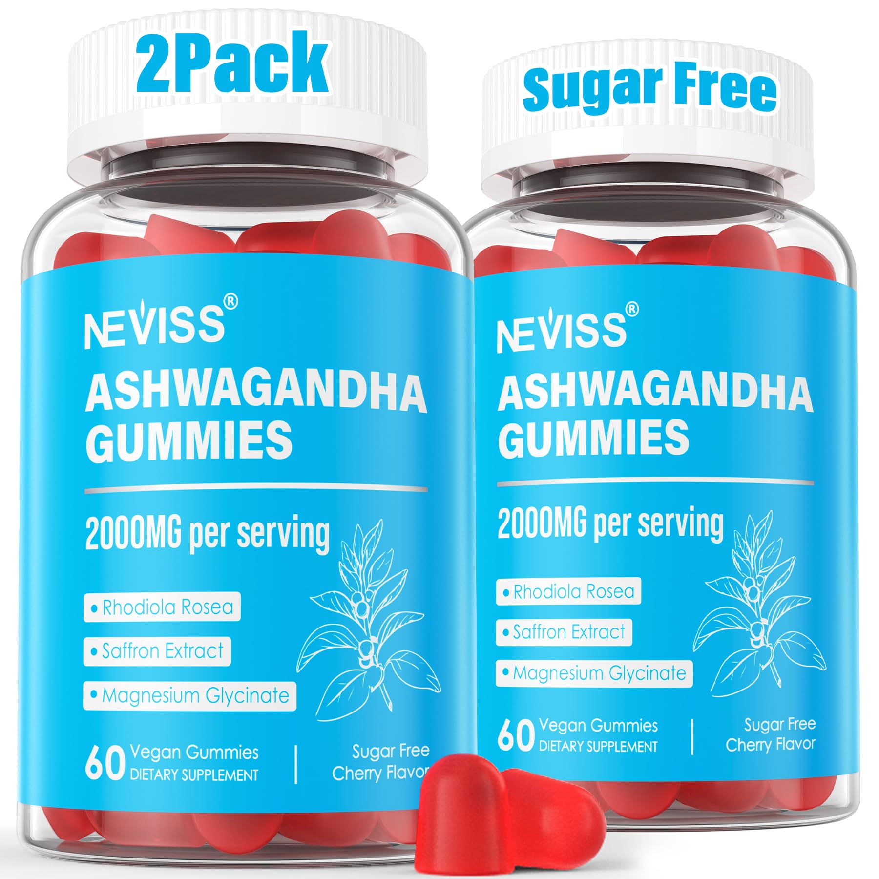 NEVISS Ashwagandha & Magnesium Glycinate Gummies 2000mg for Adults, Vitamin B6, Zinc, Rhodiola Rosea, Lemon Balm, Relaxation Support, Natural Zzz, Brain, Muscle, Stamina, Energy, Sugar Free, 118 Gummies