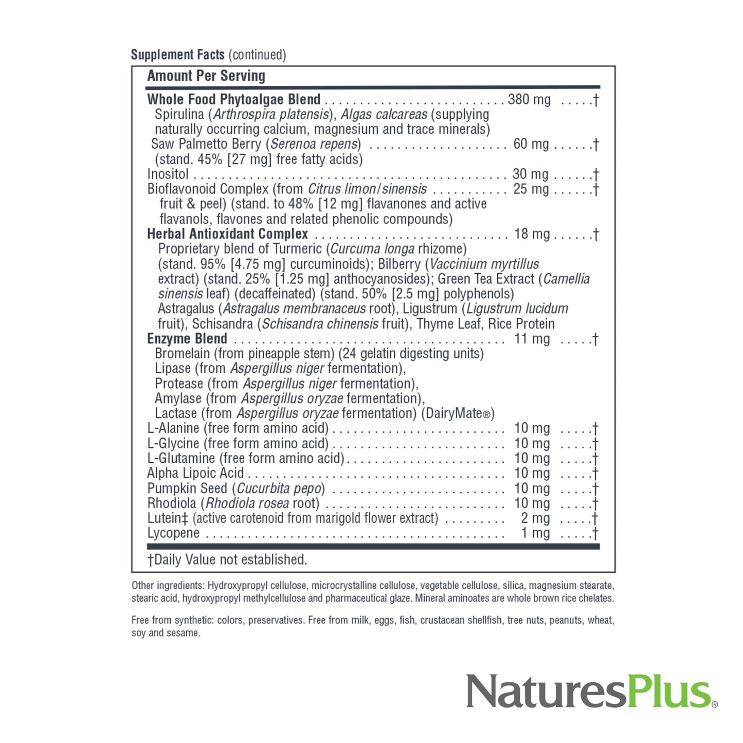 NaturesPlus Source of Life Men Iron-Free Multivitamin & Mineral Supplement with Saw Palmetto, Lycopene & Rhodiola, 60 Tablets