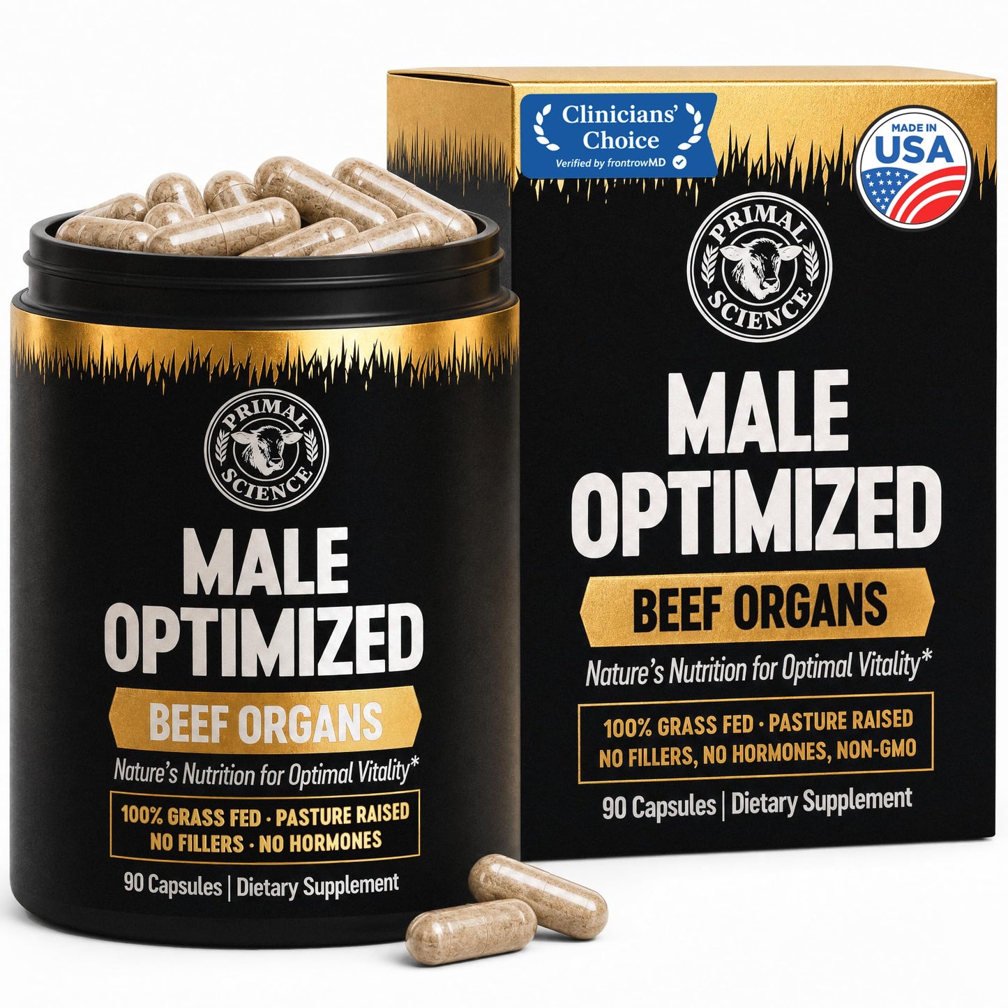 Primal Science Beef Organ Supplement for Men 100% Grass Fed Beef Testicle, Prostate, Liver & Bone Matrix High Absorption with Black Pepper Non-GMO, Hormone Free, Made in USA 90 Capsules