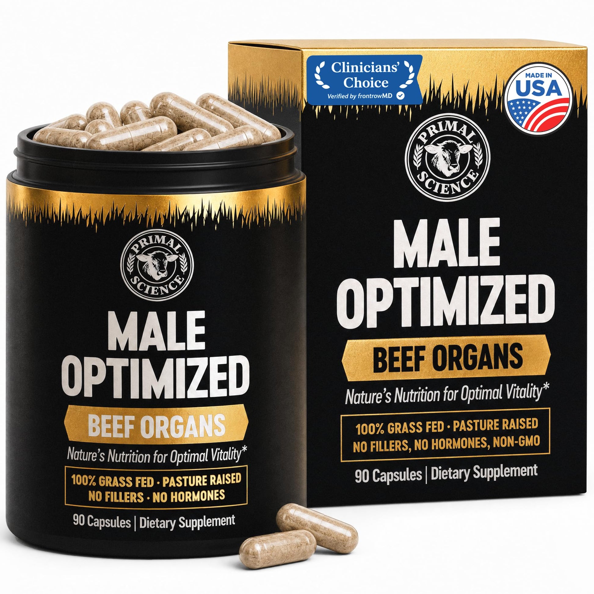 Primal Science Beef Organ Supplement for Men 100% Grass Fed Beef Testicle, Prostate, Liver & Bone Matrix High Absorption with Black Pepper Non-GMO, Hormone Free, Made in USA 90 Capsules