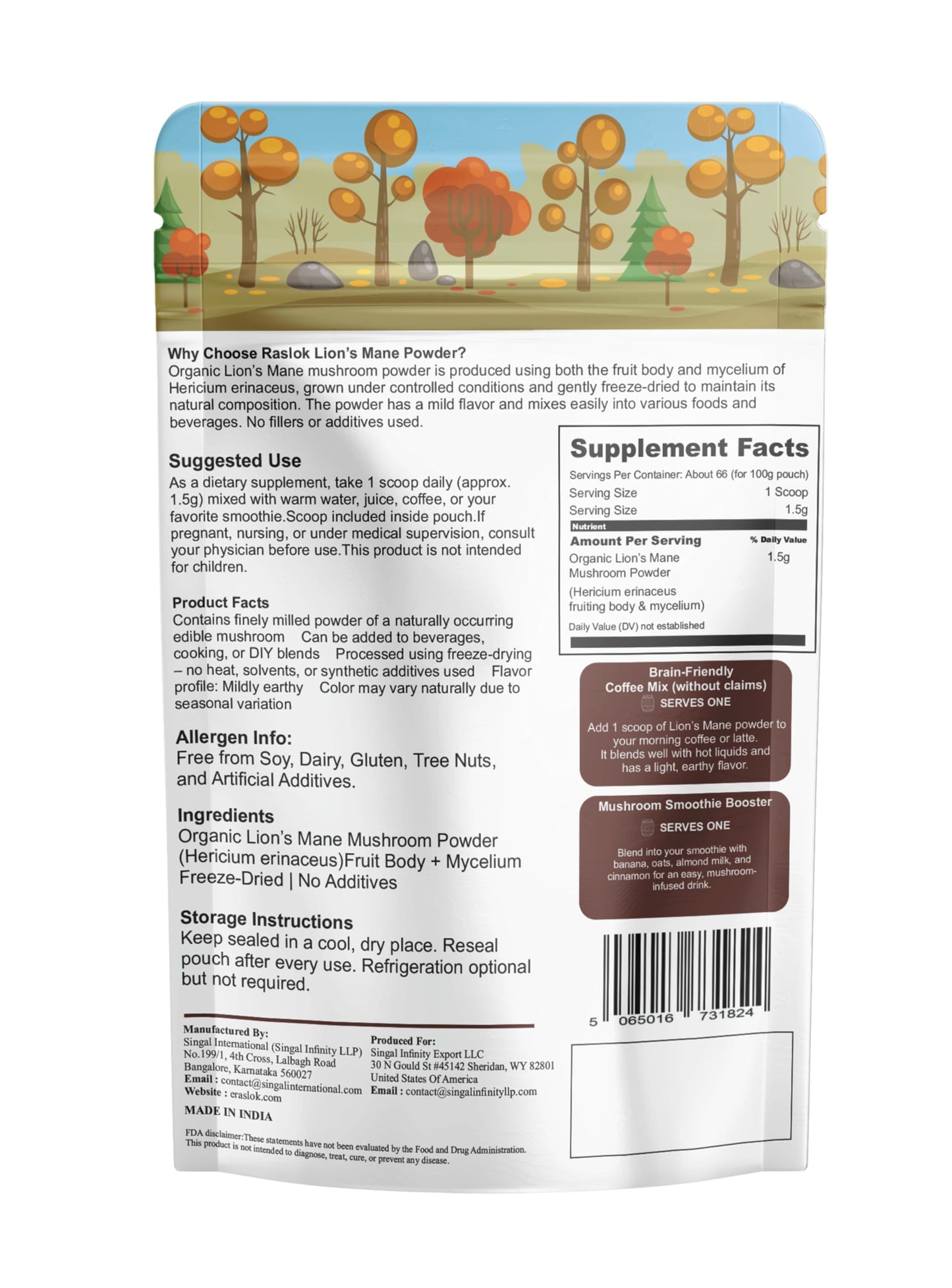 Raslok Organic Lion’s Mane Mushroom Powder, 3.5 oz