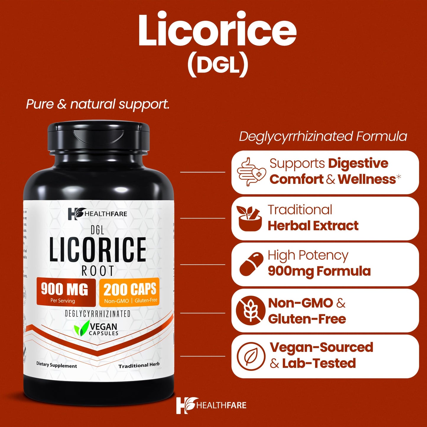 Healthfare Licorice Root Extract 900mg DGL Supplement Capsule, 200 Count