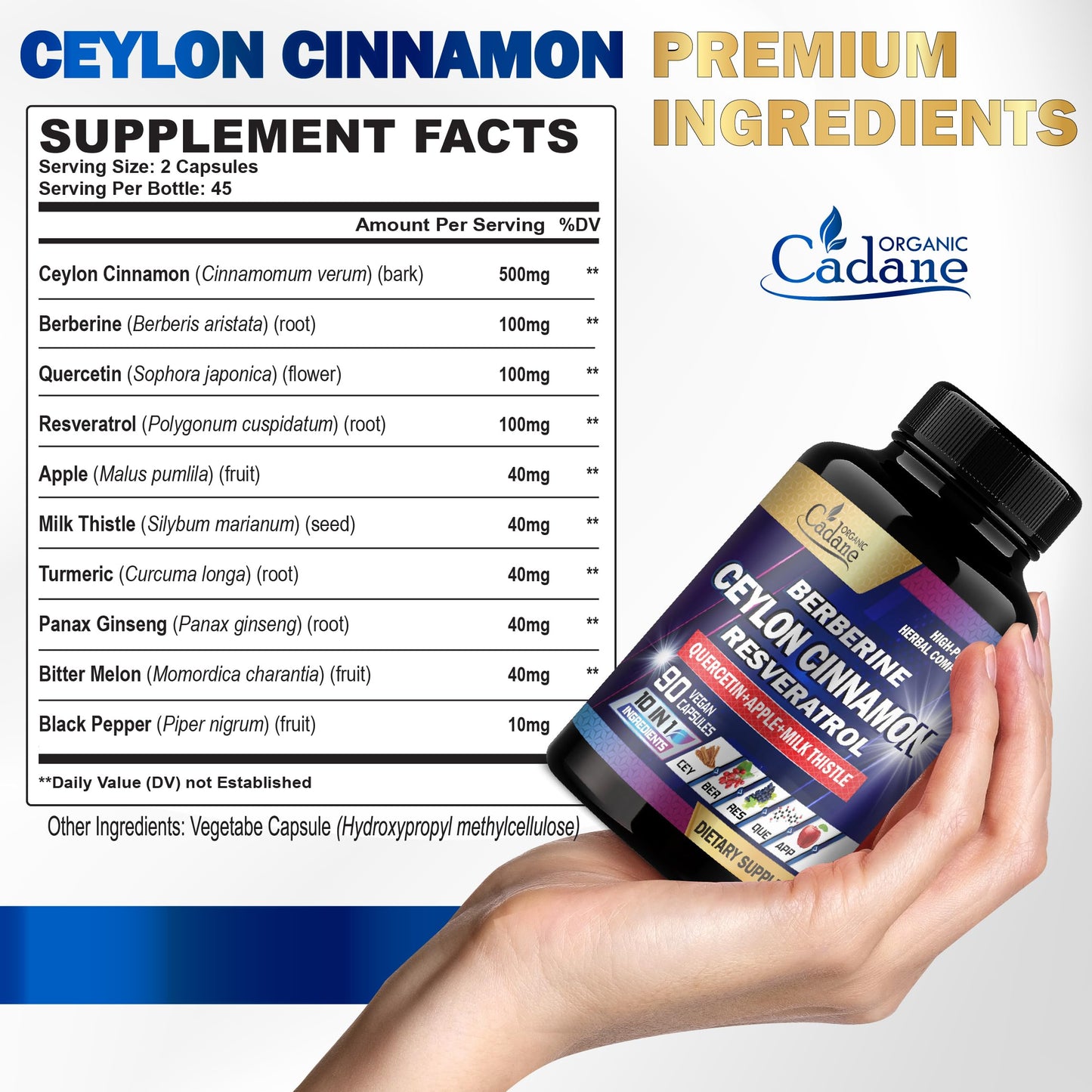 Organic Cadane Ceylon Cinnamon Berberine Quercetin Supplement Capsule 90 Count