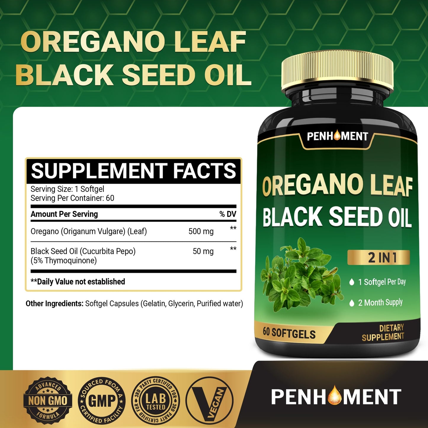 Penhoment 550 mg Oil of Oregano with Black Seed Oil Softgel, 60 Softgels