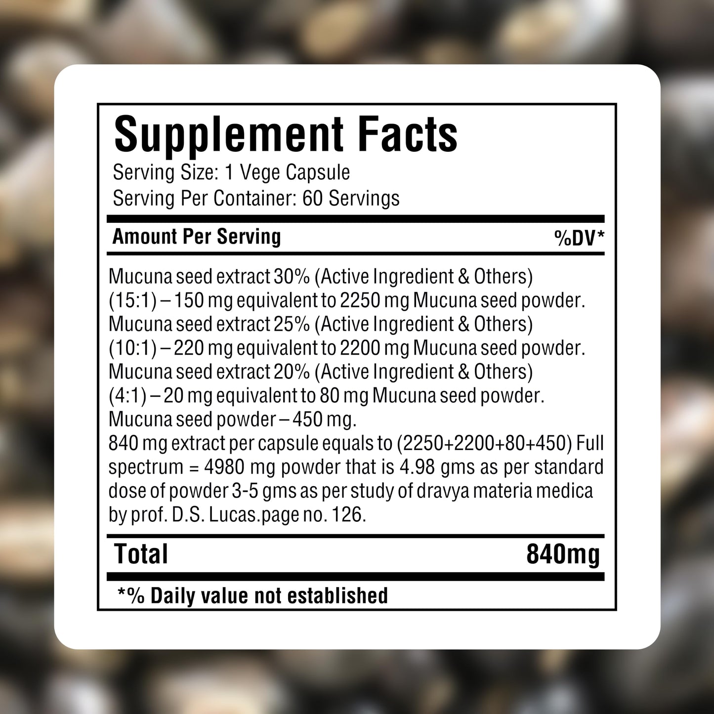 Herbsforever Mucuna Pruriens (Velvet Bean) - Extra Strength (15:1) Extract, Equiv. to 4990mg Seed Powder Per Serving - Brain & Nervous Health, Body Mass Muscles (Natural 30% L-Dapa) Capsules 60