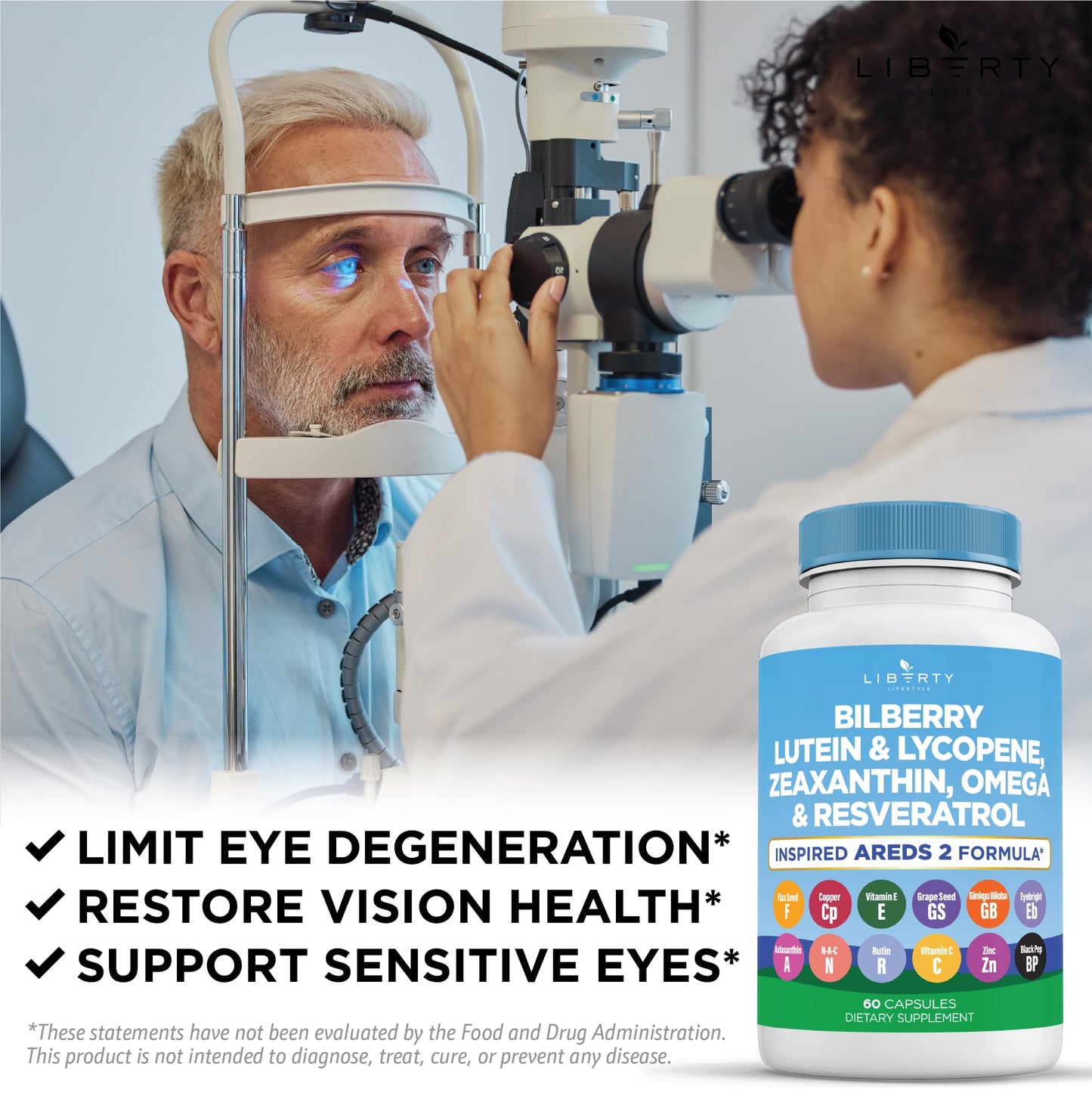 Liberty Lifestyle Eye Health Vitamins with Bilberry, Lutein & Zeaxanthin, Lycopene, Resveratrol, Grape Seed Extract, Flaxseed Astaxanthin- AREDS 2 Capsule, 120
