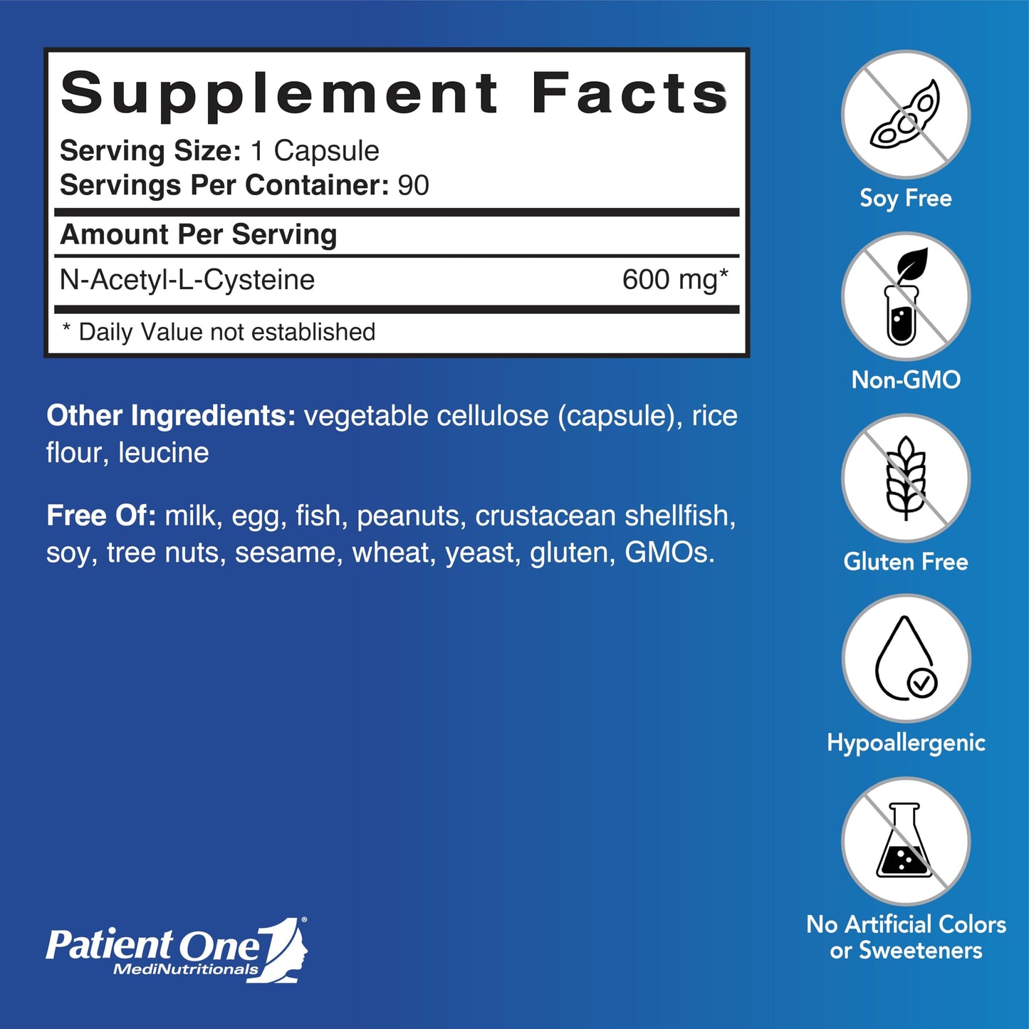 Patient One NAC (N-Acetyl Cysteine) 600 mg Supplement, 90 Capsules