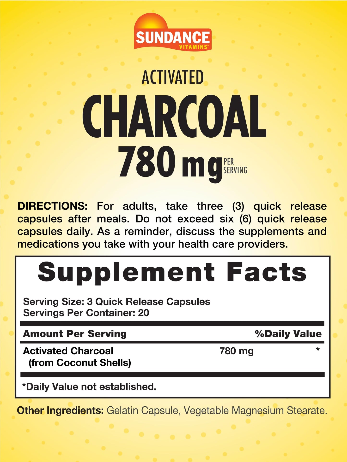 Sundance Activated Charcoal 780mg Capsules, 60 Count