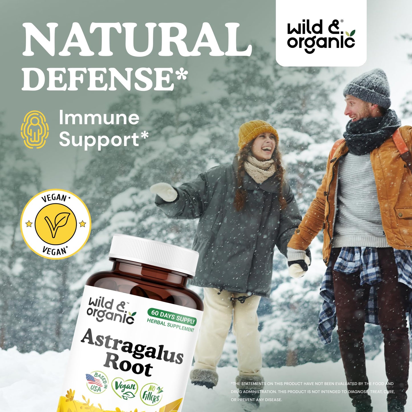 Wild & Organic Astragalus Capsules 1200 mg - Immune Support - Astragalus Root Supplement - 120 Count