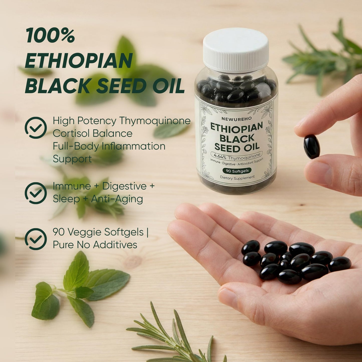 NEWUREHO Ethiopian Black Seed Oil Capsule 800mg, Organic Cold Pressed 100% Pure, Supports Immune & Digestive Health, Easy-to-Swallow, 90 Count