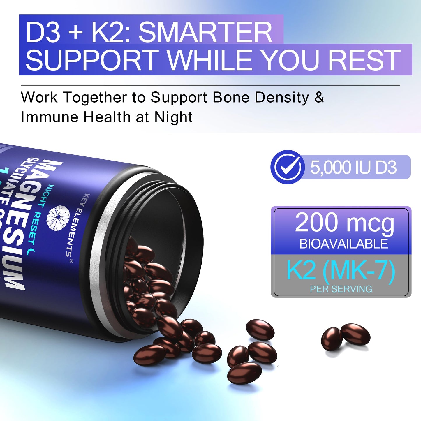 KEY ELEMENTS Magnesium Glycinate Complex 1425mg with Vitamin D3 5000 IU & K2 MK-7 200mcg Softgels, 60 Count