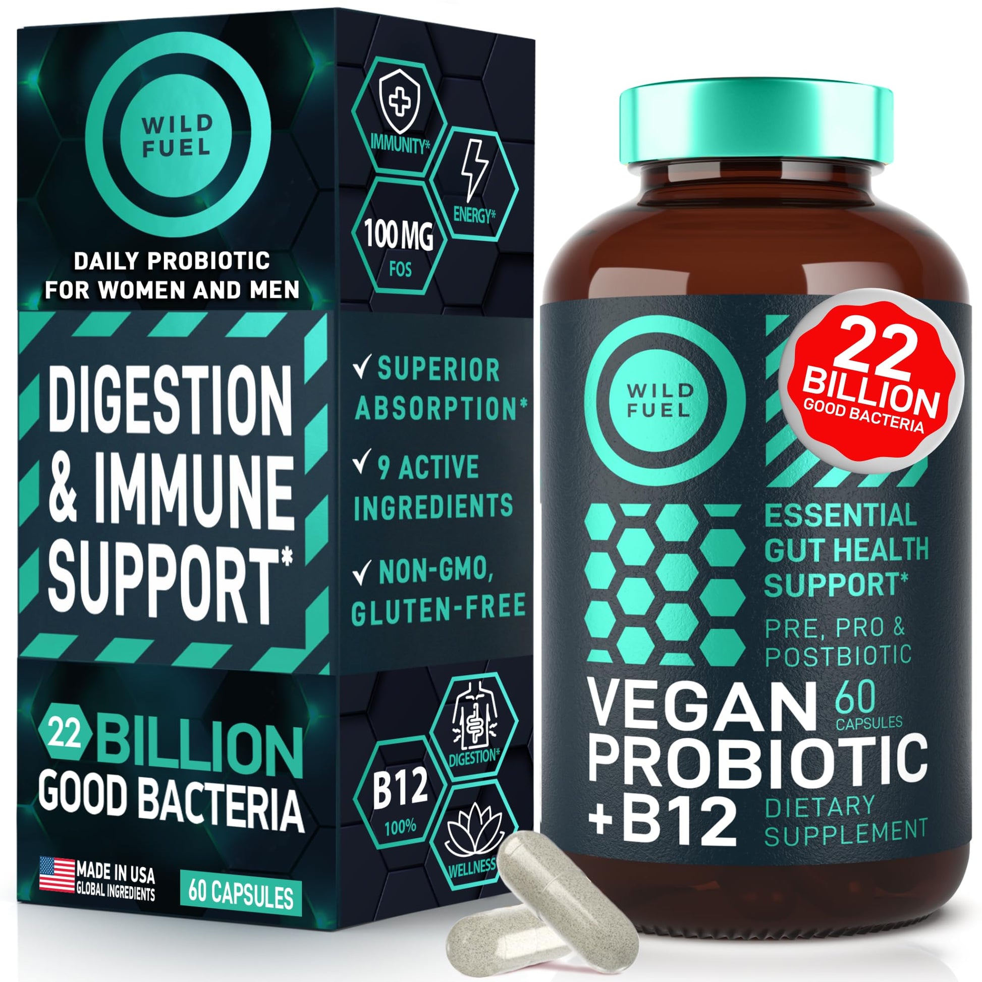 Wild Fuel Vegan Probiotic Plus B12 & FOS 22 Billion CFU Synbiotics Prebiotics and Probiotics for Digestive Health, IBS, Mood Support - B12 Pre Pro Post Biotics for Women & Men - 60 Capsules
