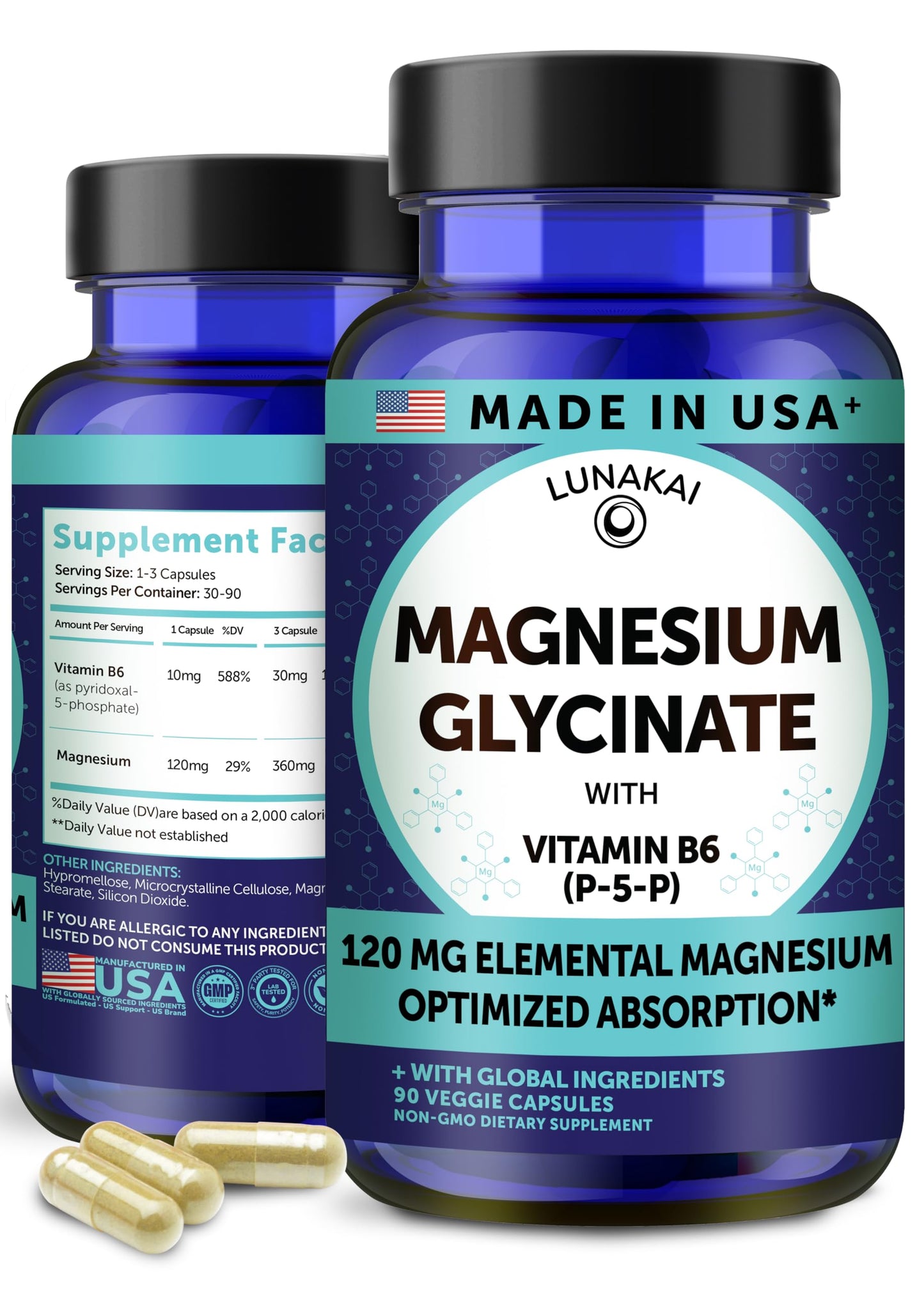 Lunakai Pure Magnesium Glycinate Capsules 120mg Elemental with B6 (P-5-P) – High Absorption Magnesium Supplement for Sleep & Muscle Support, Non-GMO, 90 Count