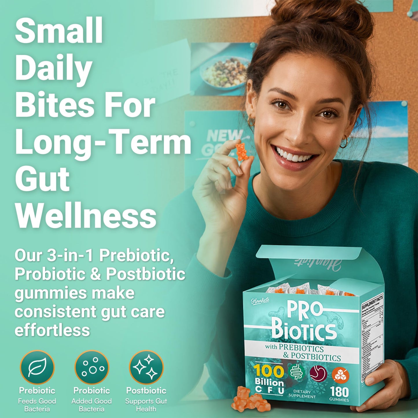 Hanliste Probiotic Gummies, Probiotic Prebiotic & Postbiotic Gummy 180 Count
