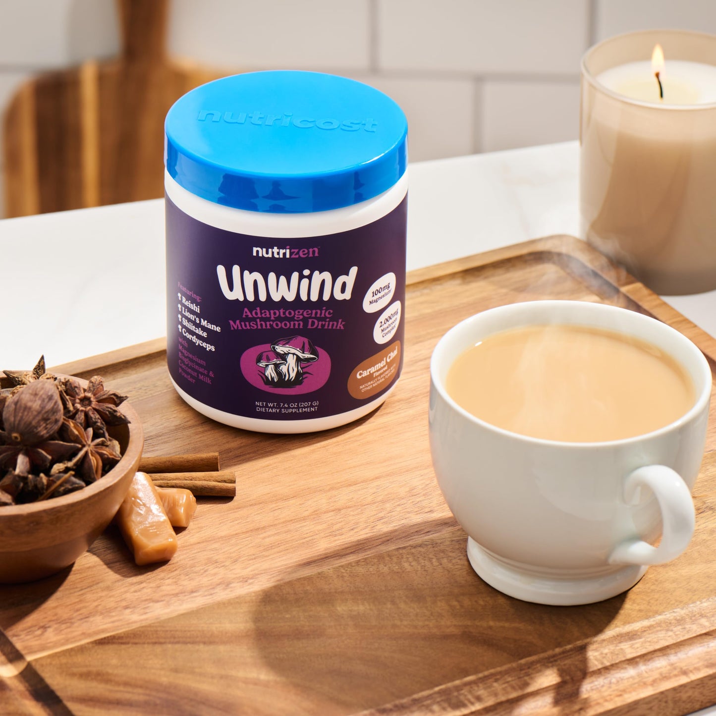 Nutricost Nutrizen PM Unwind Adaptogenic Mushroom Drink (Caramel Chai) Powder 7.4 Ounce