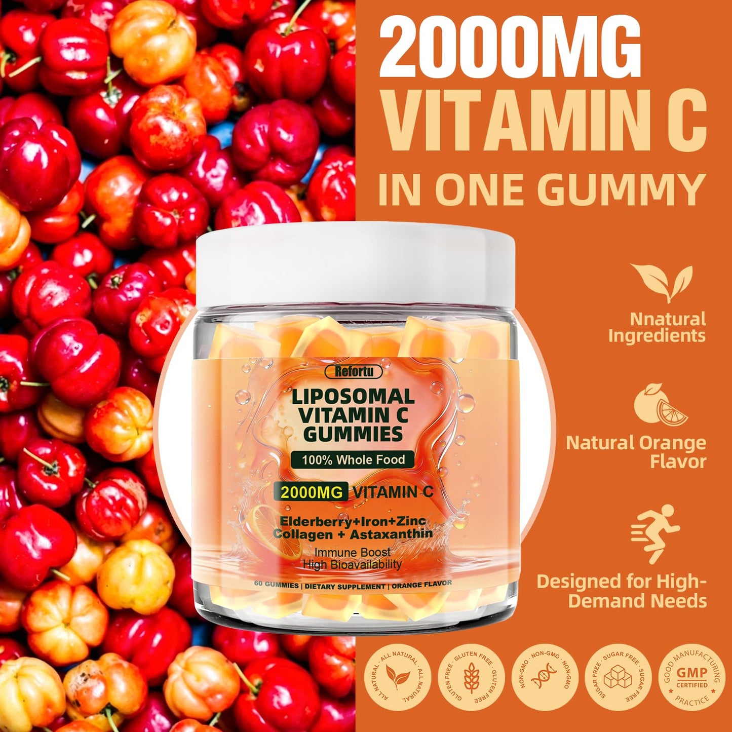 Refortu Liposomal Vitamin C 2000mg Gummies, 60 Count