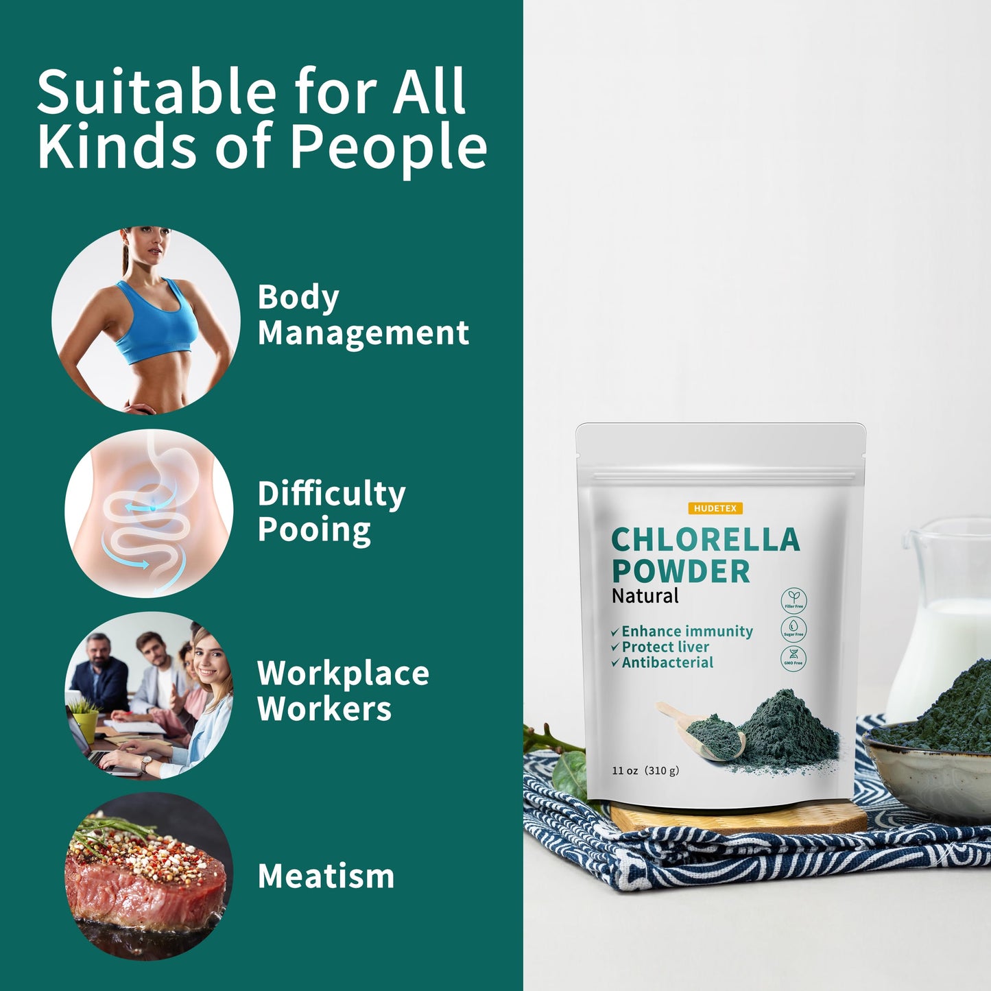 Hudetex Chlorella Powder Natural 10.98 Ounce
