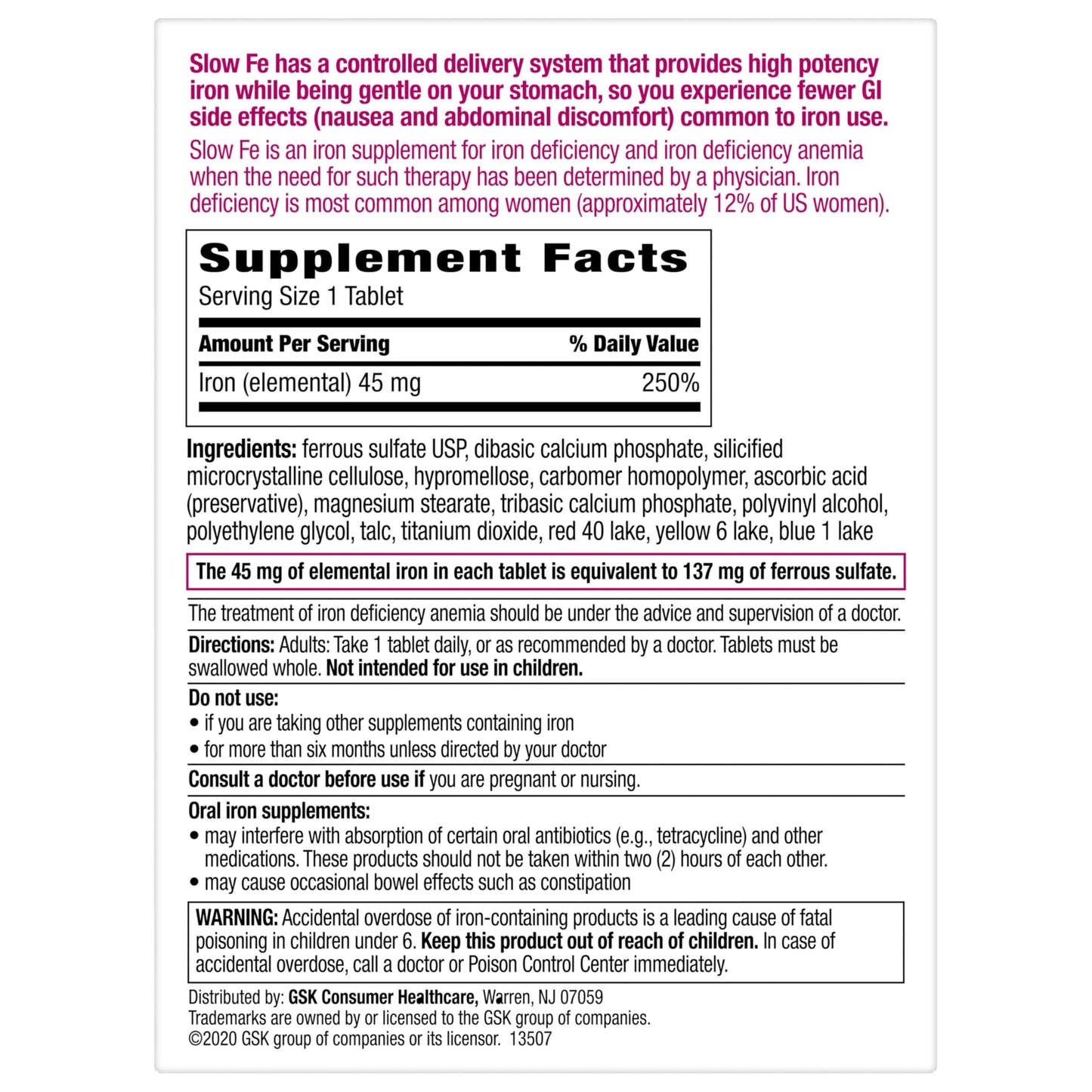 Slow Fe Iron Supplement 45mg Slow Release Tablet, 60 Tablets