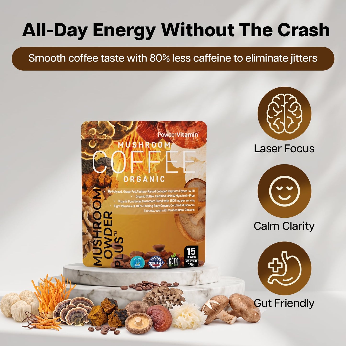 PowderVitamin Organic Mushroom Coffee Powder with Grass-Fed Collagen Types I & III, 8 Fruiting Body Mushrooms, Mold & Mycotoxin Free, Beta-Glucans Tested, Focus, Energy, Digestion & Immunity, 15 Servings, 4.5 oz