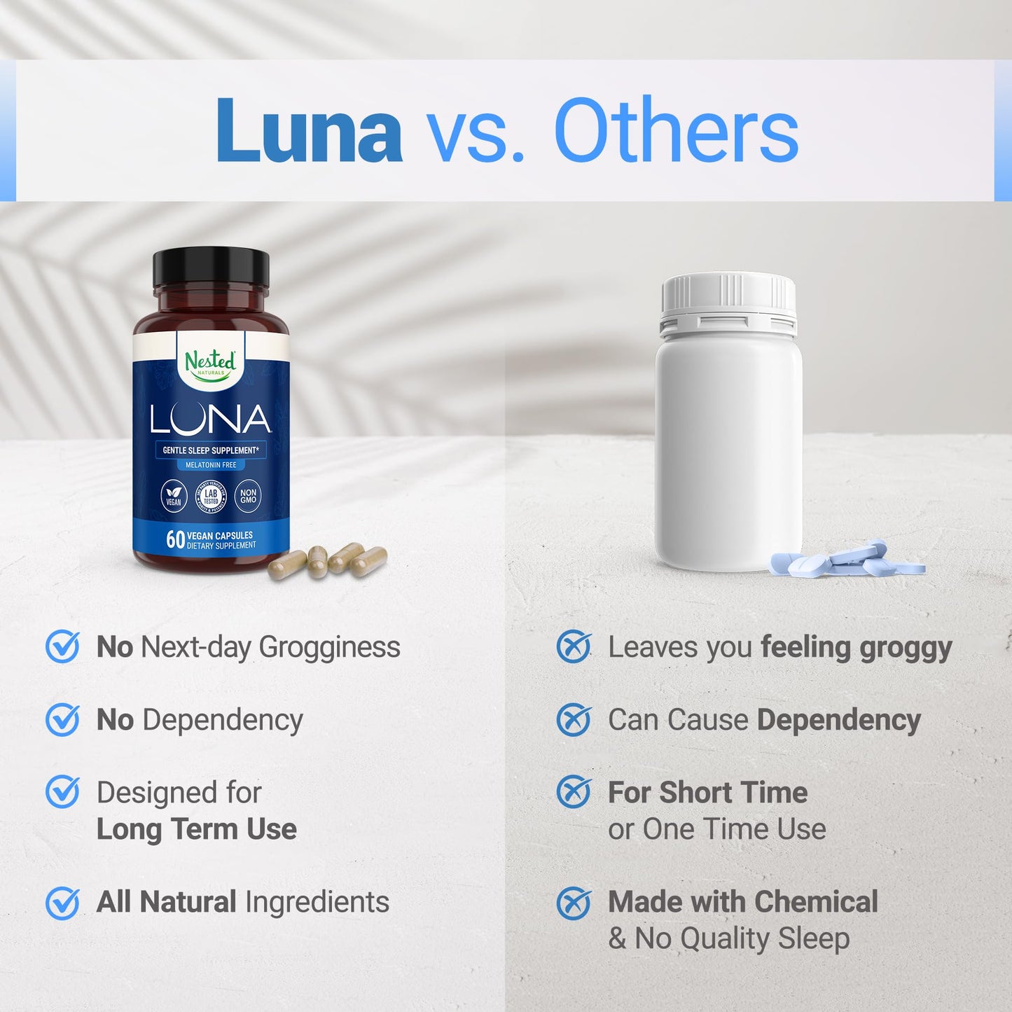Nested Naturals Luna Melatonin-Free Non-Habit Forming Herbal Sleep Supplement with Chamomile, Valerian, L-Theanine, 120 Capsules
