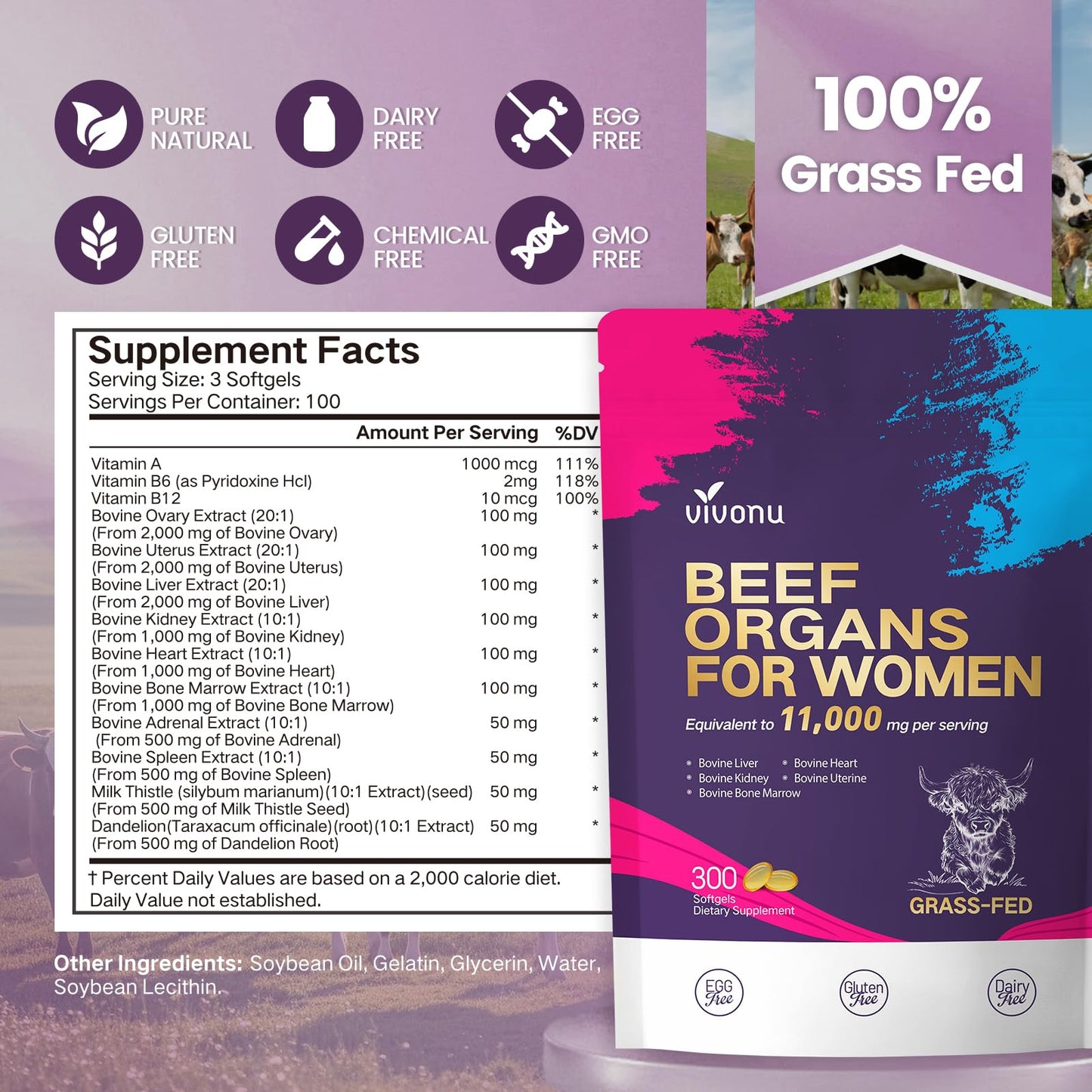 VivoNu 13-in-1 Beef Organ Supplement for Women Softgel, 300 Count