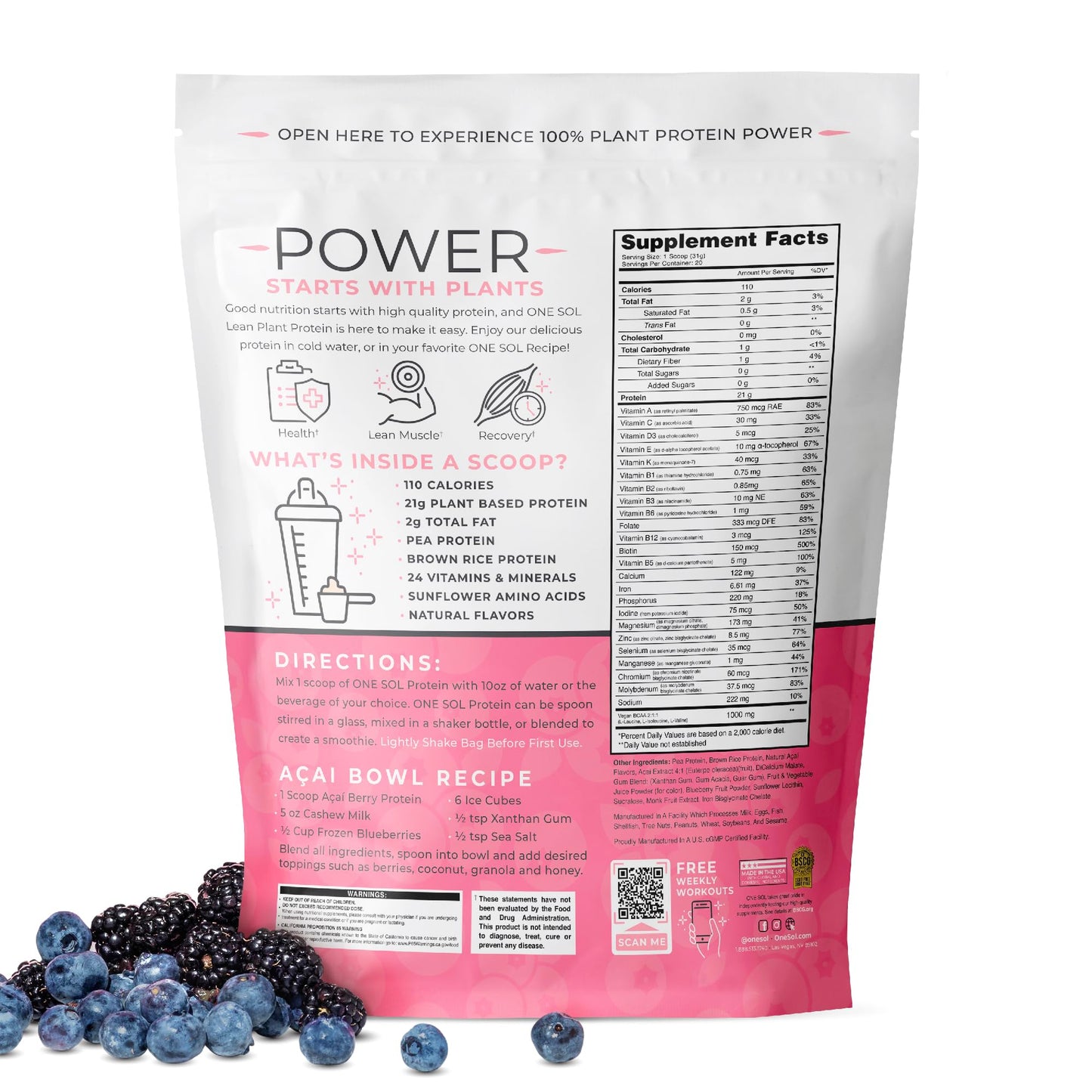 One Sol Lean Plant Protein Powder, Low Carb, Acai Berry Blast, 22.2226