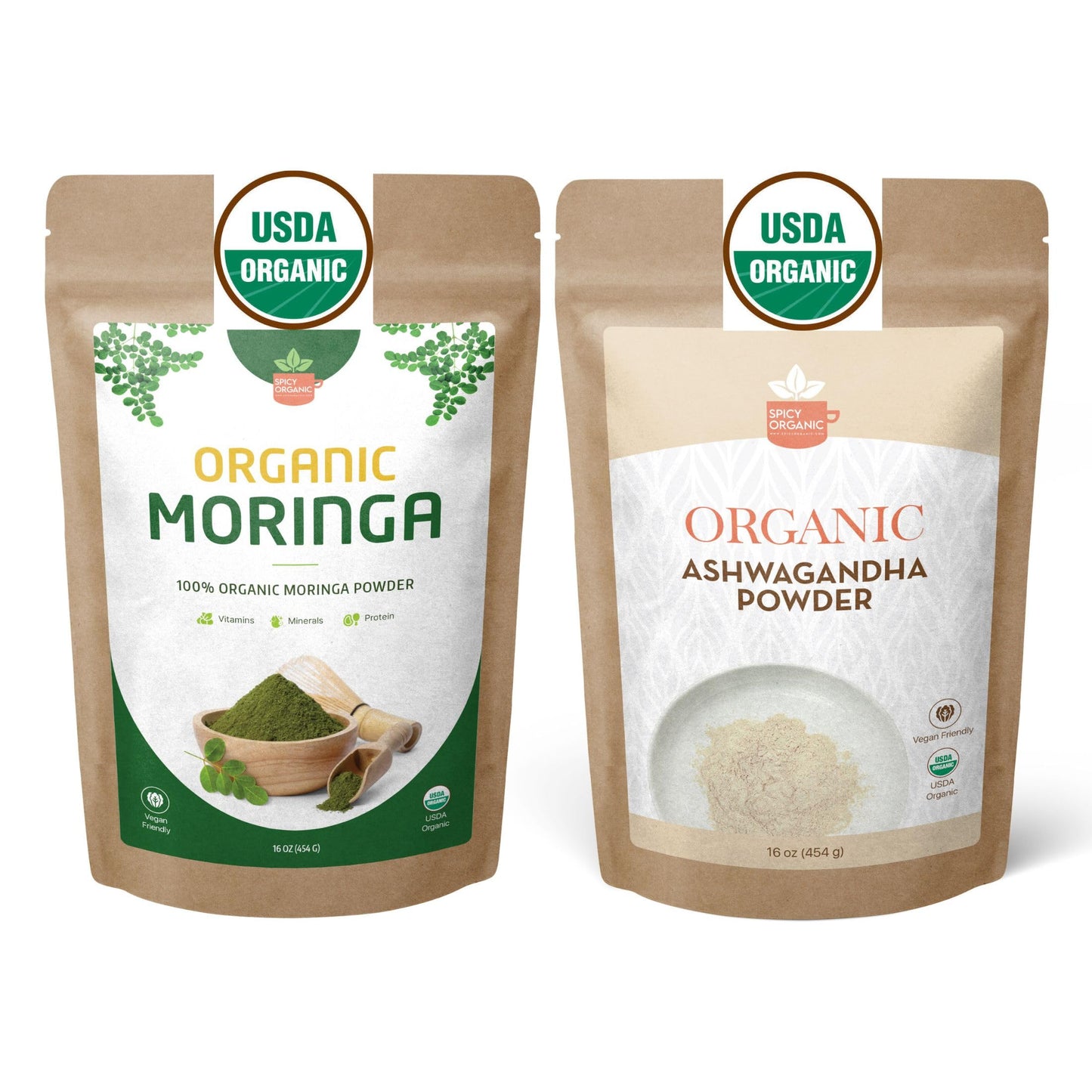 SPICY ORGANIC Organic Moringa & Ashwagandha Powder Bundle, 32 oz