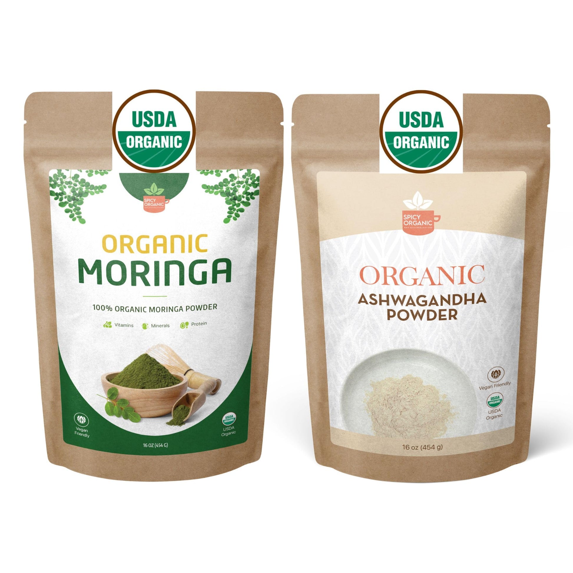 SPICY ORGANIC Organic Moringa & Ashwagandha Powder Bundle, 32 oz
