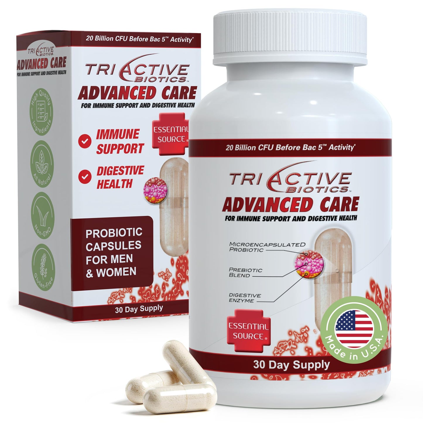 Essential Source TriActive Biotics Advanced Care - 20 Billion CFU Probiotics for Digestive Health, Immune Support, Microencapsulated Probiotics for Women & Men, 30 Capsules