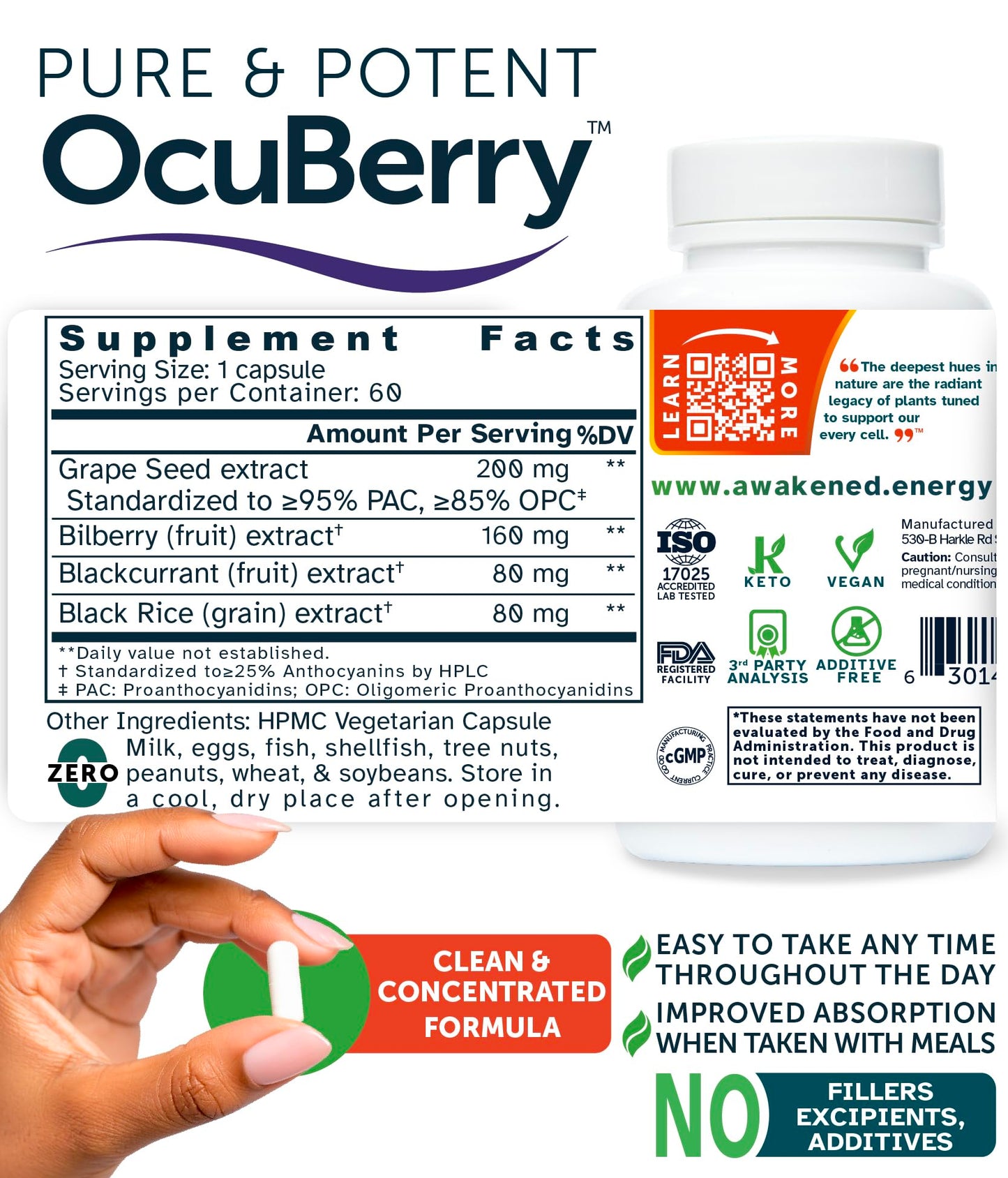 Awakened.energy OcuBerry Bilberry, Grape Seed, Black Currant & Black Rice Extracts Capsule, 60 Count