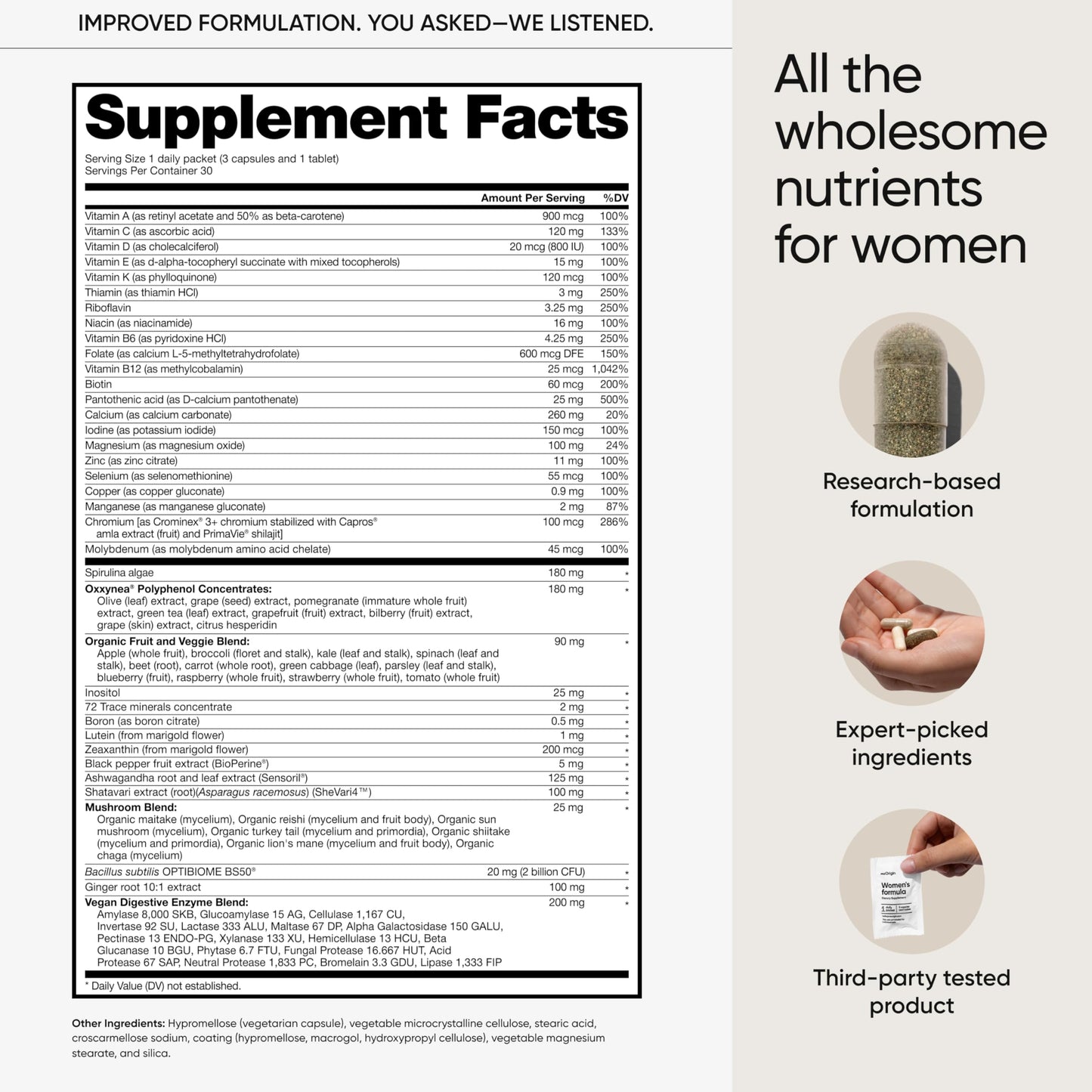 meOrigin Multivitamin for Women, All-in-One Supplement Complex with Vitamin B12, A, C, Biotin, D, E, Folate, Magnesium Daily Packets (3 capsules and 1 tablet per packet) 120 Count